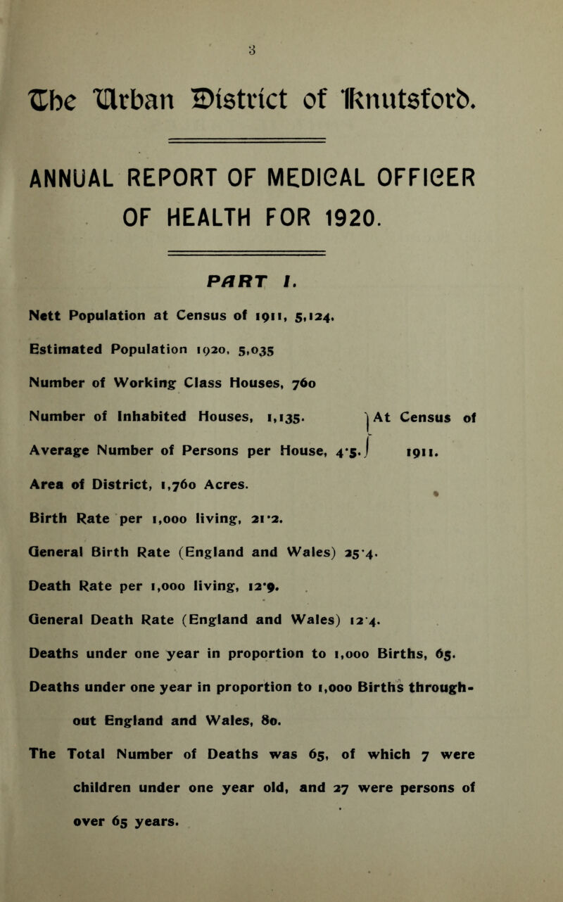 Cbe “Urban IDtstrict of Ifcnutsforb. ANNUAL REPORT OF MEDICAL OFFICER OF HEALTH FOR 1920. PART I. Nett Population at Census of 1911, 5,124. Estimated Population 1920, 5,035 Number of Working Class Houses, 760 Number of Inhabited Houses, 1,135. 'j At Census of Average Number of Persons per House, 4*5.) 1911. Area of District, 1,760 Acres. Birth Rate per 1,000 living, 21*2. General Birth Rate (England and Wales) 25-4. Death Rate per 1,000 living, 12*9. General Death Rate (England and Wales) 12 4. Deaths under one year in proportion to 1,000 Births, 65. Deaths under one year in proportion to 1,000 Births through¬ out England and Wales, 80. The Total Number of Deaths was 65, of which 7 were children under one year old, and 27 were persons of over 65 years.