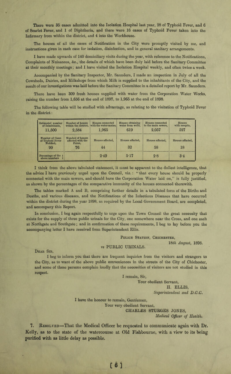 There were 35 cases admitted into the Isolation Hospital last year, 28 of Typhoid Fever, and 6 of Scarlet Fever, and 1 of Diphtheria, and there were 16 cases of Typhoid Fever taken into the Infirmary from within the district, and 4 into the Workhouse. The houses of all the cases of Notification in the City were promptly visited by me, and instructions given in each case for isolation, disinfection, and in general sanitary arrangements. I have made upwards of 140 domiciliary visits during the year, with reference to the Notifications, Complaints of Nuisances, &c., the details of which have been duly laid before the Sanitary Committee at their monthly meetings; and I have visited the Isolation Hospital weekly, and often twice a week. Accompanied by the Sanitary Inspector, Mr. Saunders, I made an inspection in July of all the Cowsheds, Dairies, and Milkshops from which Milk is supplied to the inhabitants of the City, and the result of our investigations was laid before the Sanitary Committee in a detailed report by Mr. Saunders. There have been 309 fresh houses supplied with water from the Corporation Water Works, Raising the number from 1,656 at the end of 1897, to 1,965 at the end of 1898. The following table will be studied with advantage, as relating to the visitation of Typhoid Fever in the district: Estimated number of Inhabitants, Number of bouses within the district, Houses connected with the water mains, Houses obtaining water from wells, Houses connected to the main sewers, Houses with cesspits, 11,500 2,584 1,965 619 2,057 527 Number of Cases of Typhoid Never Notified, Number of bouses affected with the Fever, Houses affected, Houses affected, Houses affected, Houses affected, 99 76 44 32 58 18 Percentage of the ( above numbers j 2-49 5-17 2-8 3-4 I think from the above tabulated statement, it must be apparent to the dullest intelligence, that the advice I have previously urged upon the Council, viz.: “ that every house should be properly connected with the main sewers, and should have the Corporation Water laid on,” is fully justified, as shown by the percentages of the comparative immunity of the houses connected therewith. The tables marked A and B, comprising further details in a tabulated form of the Births and Deaths, and various diseases, and the Notifications of the Infectious Diseases that have occurred within the district during the year 1898, as required by the Local Government Board, are completed, and accompany this Report. In conclusion, I beg again respectfully to urge upon the Town Council the great necessity that exists for the supply of three public urinals for the City, one somewhere near the Cross, and one each at Northgate and Southgate; and in confirmation of these requirements, I beg to lay before you the accompanying letter I have received from Superintendent Ellis. Police Station, Chichestee, 18th August, 1898. re PUBLIC URINALS. Deab Sik, I beg to inform you that there are frequent inquiries from the visitors and strangers to the City, as to want of the above public conveniences in the streets of the City of Chichester, and some of these persons complain loudly that the necessities of visitors are not studied in this respect. I remain, Sir, Your obedient Servant, H. ELLIS, Superintendent and D.C.C. I have the honour to remain, Gentlemen, Your very obedient Servant, CHARLES STURGES JONES, Medical Officer of Health, 7. Resolved—That the Medical Officer be requested to communicate again with Dr. Kelly, as to the state of the watercourse at Old Fishbourne, with a view to its being purified with as little delay as possible. [6]