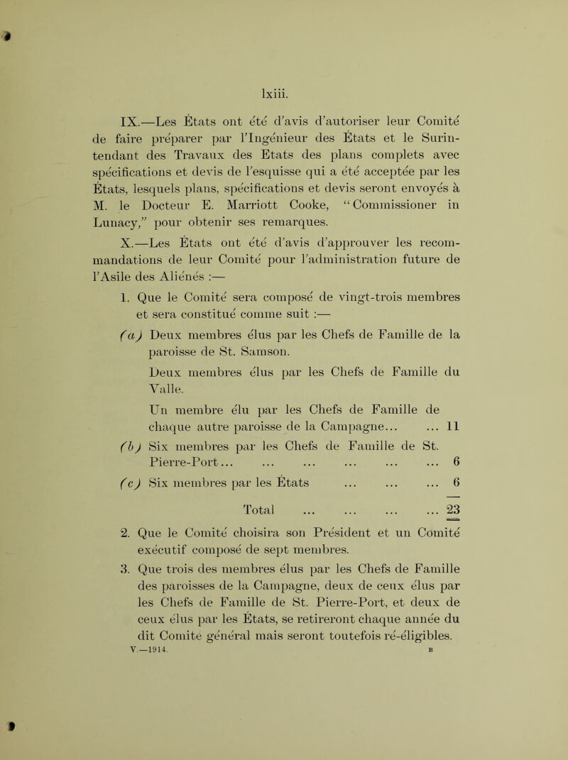 lxiii. IX. —Les Etats ont ete d'avis d’autoriser leur Comite de faire preparer par l’lngenieur des Etats et le Surin- tendant des Travaux des Etats des plans complets avec specifications et devis de Tesquisse qui a ete acceptee par les Etats, lesquels plans, specifications et devis seront envoyes a M. le Docteur E. Marriott Cooke, “ Commissioner in Lunacy/' pour obtenir ses remarques. X. —Les Etats ont ete d’avis d'approuver les recom- mandations de leur Comite pour Tadministration future de l’Asile des Alie'nes :— 1. Que le Comite sera compose' de vingt-trois membres et sera constitue comme suit :— (a) Deux membres elus par les Chefs de Famille de la paroisse de St. Samson. Deux membres elus par les Chefs de Eamille du Valle. Un membre elu par les Chefs de Famille de chaque autre paroisse de la Campagne... ... 11 (b) Six membres par les Chefs de Famille de St. Pierre-Port... ... ... ... ... ... 6 (c) Six membres par les Etats ... ... ... 6 Total 23 2. Que le Comite choisira son President et un Comite executif compose de sept membres. 3. Que trois des membres elus par les Chefs de Famille des paroisses de la Campagne, deux de ceux elus par les Chefs de Famille de St. Pierre-Port, et deux de ceux elus par les Etats, se retireront chaque an ne'e du dit Comite ge'neral mais seront toutefois re-eligibles. V.—1914. b