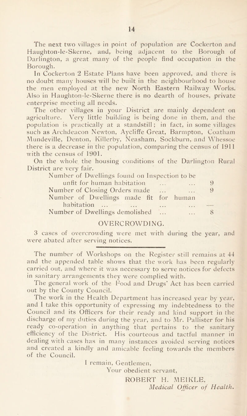 The next two villages in point of population are Cockerton and Haughton-le-Skerne, and, being adjacent to the Borough of Darlington, a great many of the people find occupation in the Borough. In Cockerton 2 Estate Plans have been approved, and there is no doubt many houses will be built in the neighbourhood to house the men employed at the new North Eastern Railway Works. A1 so in Haughton-le-Skerne there is no dearth of houses, private enterprise meeting all needs. The other villages in your District are mainly dependent on agriculture. Very little building is being done in them, and the population is practically at a standstill; in fact, in some villages such as Archdeacon Newton, Aycliffe Great, Barmpton, Coatham Mundeville, Denton, Killerby, Neasham, Sockburn, and Whessoe there is a decrease in the population, comparing the census of 1911 with the census of 1901. On the whole the housing conditions of the Darlington Rural District are very fair. Number of Dwellings found on Inspection to be unfit for human habitation ... ... 9 Number of Closing Orders made ... ... 9 Number of Dwellings made fit for human habitation ... ... ... ... — Number of Dwellings demolished ... ... 8 OVERCROWDING. 3 cases of overcrowding were met with during the year, and were abated after serving notices. The number of Workshops on the Register still remains at 44 and the appended table shows that the work has been regularly carried out, and where it was necessary to serve notices for defects in sanitary arrangements they were complied writh. The general work of the Food and Drugs’ Act has been carried out by the County Council. The work in the Health Department has increased year by year, and I take this opportunity of expressing my indebtedness to the Council and its Officers for their ready and kind support in the discharge of my duties during the year, and to Mr. Pallister for his ready co-operation in anything that pertains to the sanitary efficiency of the District. His courteous and tactful manner in dealing with cases has in many instances avoided serving notices and created a kindly and amicable feeling towards the members of the Council. I remain, Gentlemen, Your obedient servant, ROBERT H. MEIKLE, Medical Officer of Health.