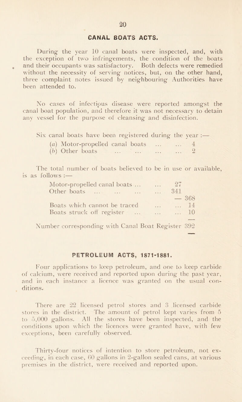CANAL BOATS ACTS. During- the year 10 canal boats were inspected, and, with the exception of two infring-ements, the condition of the boats , and their occupants was satisfactory. Both defects were remedied without the necessity of serving- notices, but, on the other hand, three complaint notes issued by neig-hbouring- Authorities have been attended to. No cases of infectious disease were reported amongst the canal boat population, and therefore it was not necessary to detain any vessel for the purpose of cleansing and disinfection. Six canal boats have been registered during the year :— [a) Alotor-propelled canal boats ... ... 4 (h) Other boats ... ... ... ... 2 The total number of boats believed to be in use or available, is as follows :— Motor-propelled canal boats ... Other boats Boats which cannot be traced Boats struck off register 27 341 — 368 ... 14 ... 10 Number corresponding ^vith Canal Boat Reg'ister 392 PETROLEUM ACTS, 1871-1881. Four applications to keep petroleum, and one to keep carbide of calcium, were received and reported upon during the past year, and in each instance a licence was granted on the usual con¬ ditions. There are 22 licensed petrol stores and 3 licensed carbide stores in the district. The amount of petrol kept varies from b to -TOGO gallons. All the stores have been inspected, and the conditions upon -which the licences were granted have, with few exceptions, been carefully observed. ITirty-four notices of intention to store petroleum, not ex¬ ceeding, in each case, 60 gallons in 2-gallon sealed cans, at various premises in the district, were received and reported upon.