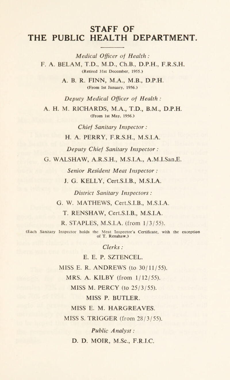 STAFF OF THE PUBLIC HEALTH DEPARTMENT Medical Officer of Health : F. A. BELAM, T.D., M.D., Ch.B., D.P.H., F.R.SJH. (Retired 31st December, 1955.) A. B. R. FINN, M.A., M.B., D.P.H. (From 1st January, 1956.) Deputy Medical Officer of Health : A. H. M. RICHARDS, M.A., T.D., B.M., D.P.H. (From 1st May, 1956.) Chief Sanitary Inspector: H. A. PERRY, F.R.S.H., M.S.I.A. Deputy Chief Sanitary Inspector: G. WALSHAW, A.R.S.H., M.S.I.A., A.M.I.SamE. Senior Resident Meat Inspector : J. G. KELLY, Cert.S.I.B., M.S.I.A. District Sanitary Inspectors: G. W. MATHEWS, Cert.S.I.B., M.S.I.A. T. RENSHAW, Cert.S.I.B., M.S.I.A. R. STAPLES, M.S.I.A. (from 1/3/55). (Each Sanitary Inspector holds the Meat Inspector’s Certificate, with the exception of T. Renshaw.) Clerks: E. E. P. SZTENCEL. MISS E. R. ANDREWS (to 30/11/55). MRS. A. KILBY (from 1/12/55). MISS M. PERCY (to 25/3/55). MISS P. BUTLER. MISS E. M. HARGREAVES. MISS S. TRIGGER (from 28/3/55). Public Analyst: D. D. MOIR, M.Sc., F.R.I.C.