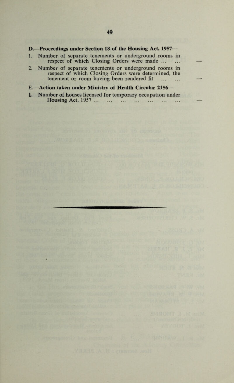 D. —Proceedings under Section 18 of the Housing Act, 1957— 1. Number of separate tenements or underground rooms in respect of which Closing Orders were made 2. Number of separate tenements or underground rooms in respect of which Closing Orders were determined, the tenement or room having been rendered fit E. —Action taken under Ministry of Health Circular 2J 56— 1. Number of houses licensed for temporary occupation under Housing Act, 1957