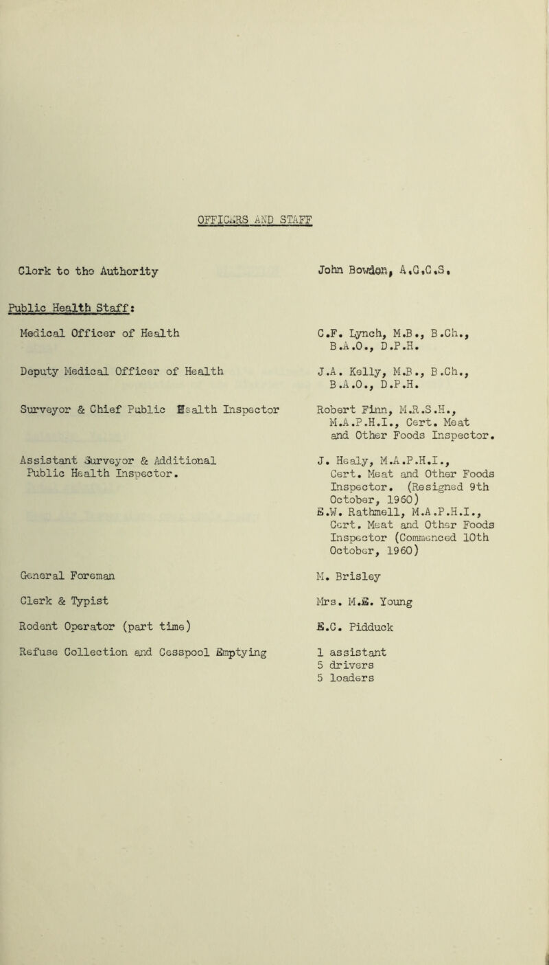OFFICi^RS AND STAFF Clork to tho Authority John Bowden, A«G.G*S, Public Health Staff; Medical Officer of Health Deputy Medical Officer of Health Surveyor & Chief Public Msalth Inspector Assistant -Surveyor & Additional Public Health Inspector, General Foreman Clerk & Typist Rodent Operator (part time) Refuse Collection and Cesspool Emptying C.F. Lynch, M.B., B.Ch,, B.A.O., D.P.H, J.A, Kelly, M.B., B.Ch,, B ,A ,0,, D ,P,H, Robert Finn, M,R.S.H,, M,A.P.H.I,, Cert. Meat and Other Foods Inspector, J, Healy, M.A.P.H.I., Cert, Meat and Other Foods Inspector, (Resigned 9th October, I960) E.W. Rathmell, M.A.P.H.I., Cert, Meat and Other Foods Inspector (Commenced 10th October, I960) M, Brisley J4rs, M.E. Young E.C. Pidduck 1 assistant 5 drivers 5 loaders