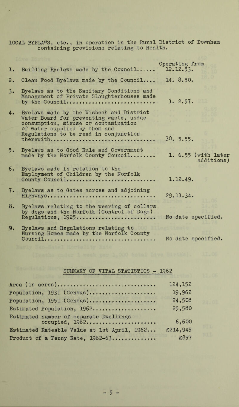 containing provisions relating to Healtho Operating from 1. Building Byelaws made by the Councils o.... 12*12,53« 2. Clean Pood Byelaws made by the Council.*.. 3. Byelaws as to the Sanitary Conditions and Management of Private Slaughterhouses made by the Council. 4. Byelav\/s made by the Wisbech and District Water Board for preventing waste, undue consmption, misuse or contamination of v\rater supplied by them and Regulations to be read in conjunction therewith. 5. Byelaws as to Good Rule and Government made by the Norfolk County Council........ 6. Byelaws made in relation to the Emplo3niient of Children by the Norfolk County Council 14. 8.50. 1. 2.57. 30, 5.55. 1. 6.55 (with later additions) 1.12.49. 7. Byelaws as to Gates across and adjoining Highways. 29.11.34. 8. Byelav\fs relating to the wearing of collars by dogs and the Norfolk (Control of Dogs) Regulations, 1925 No date specified. 9. Byelaws and Regulations relating to Nursing Homes made by the Norfolk County Council No date specified. Sm/LARY OP VITAL STATISTICS - 1962 Are a (xn acres)............................... 124^15^ Population, 1931 (Census) 19,962 Population, 1951 (Census) 24,508 Estimated Population, 1962 25,580 Estimated number of separate Dwellings occupied, 1962 6,600 Estimated Rateable Value at 1st April, 1962... £214,945 Product of a Penny Rate, 1962-63. £857 - 5 -