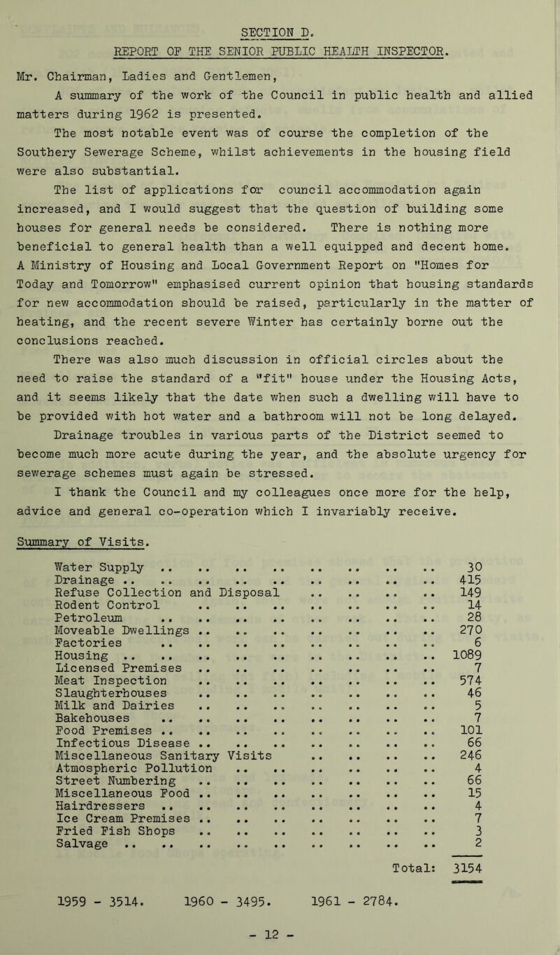 REPORT OF THE SENIOR PUBLIC HEALTH INSPECTOR. Mr. Chairman, Ladies and Gentlemen, A summary of the work of the Council in public health and allied matters during 1962 is presented. The most notable event was of course the completion of the Southery Sewerage Scheme, whilst achievements in the housing field were also substantial. The list of applications for council accommodation again increased, and I would suggest that the question of building some houses for general needs be considered. There is nothing more beneficial to general health than a well equipped and decent home. A Ministry of Housing and Local Government Report on Homes for Today and Tomorrow emphasised current opinion that housing standards for new accommodation should be raised, particularly in the matter of heating, and the recent severe Winter has certainly borne out the conclusions reached. There was also much discussion in official circles about the need to raise the standard of a fit house under the Housing Acts, and it seems likely that the date when such a dwelling will have to be provided with hot water and a bathroom will not be long delayed. Drainage troubles in various parts of the District seemed to become much more acute during the year, and the absolute urgency for sewerage schemes must again be stressed. I thank the Council and my colleagues once more for the help, advice and general co-operation which I invariably receive. Summary of Visits. Water Supply .. 30 Drainage .. .. .. .. .. .. .. .. .. 4-15 Refuse Collection and Disposal ., 149 Rodent Control .. .. .. 14 Petroleum .. 28 Moveable Dwellings .. .. .. .. 270 Factories .. .. .. ., 6 Housing .. 1089 Licensed Premises 7 Meat Inspection 574 Slaughterhouses .. .. .. .. .. .. 46 Milk and Dairies .. 5 Bakehouses 7 Food Premises .. ,. .. .. 101 Infectious Disease .. .. .. .. 66 Miscellaneous Sanitary Visits 246 Atmospheric Pollution .. ., 4 Street Numbering .. .. .. 66 Miscellaneous Pood .« 15 Hairdressers 4 Ice Cream Premises ., .. .. 7 Pried Fish Shops .. .. .. 3 Salvage 2 Total? 3154 1959 - 3514. I960 - 3495. 1961 - 2784. 12 -