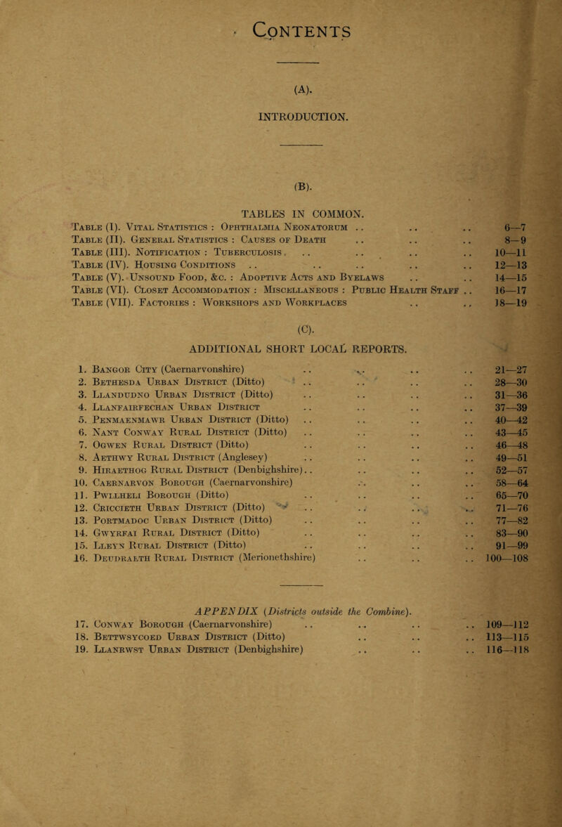 • Contents (A). INTRODUCTION. (B). TABLES IN COMMON. Table (I). Vital Statistics : Ophthalmia Neonatorum .. .. .. 6—7 Table (II). General Statistics : Causes of Death .. .. .. 8—9 Table (III). Notification: Tuberculosis, .. .. .. .. 10—11 Table (IV). Housing Conditions .. .. .. .. .. 12—13 Table (V). Unsound Food, &c. : Adoptive Acts and Byelaws .. .. 14—15 Table (VI). Closet Accommodation : Miscellaneous : Public Health Staff .. 16—17 Table (VII). Factories : Workshops and Workplaces .. 18—19 (C). ADDITIONAL SHORT LOCAL REPORTS. 1. Bangor City (Caernarvonshire) .. x. 2. Bethesda Urban District (Ditto) .. 3. Llandudno Urban District (Ditto) 4. Llanfairfechan Urban District 5. Penmaenmawr Urban District (Ditto) 6. Nant Conway Rural District (Ditto) 7. Ogwen Rural District (Ditto) 8. Aethwy Rural District (Anglesey) 9. Hiraethog Rural District (Denbighshire).. 10. Caernarvon Borough (Caernarvonshire) 11. Pwllheli Borough (Ditto) 12. Criccieth Urban District (Ditto) 13. Portmadoc Urban District (Ditto) 14. Gwyrfai Rural District (Ditto) 15. Lleyn Rural District (Ditto) 16. Deudraeth Rural District (Merionethshire) 21—27 28—30 31—36 37—39 40—42 43—45 46—48 49—51 52—57 58—64 65—70 71—76 77—82 83—90 91—99 100—108 APPENDIX (Districts outside the Combine). 17. Conway Borough (Caernarvonshire) 18. Bettwsycoed Urban District (Ditto) 19. Llanrwst Urban District (Denbighshire) 109—112 113—115 116—118