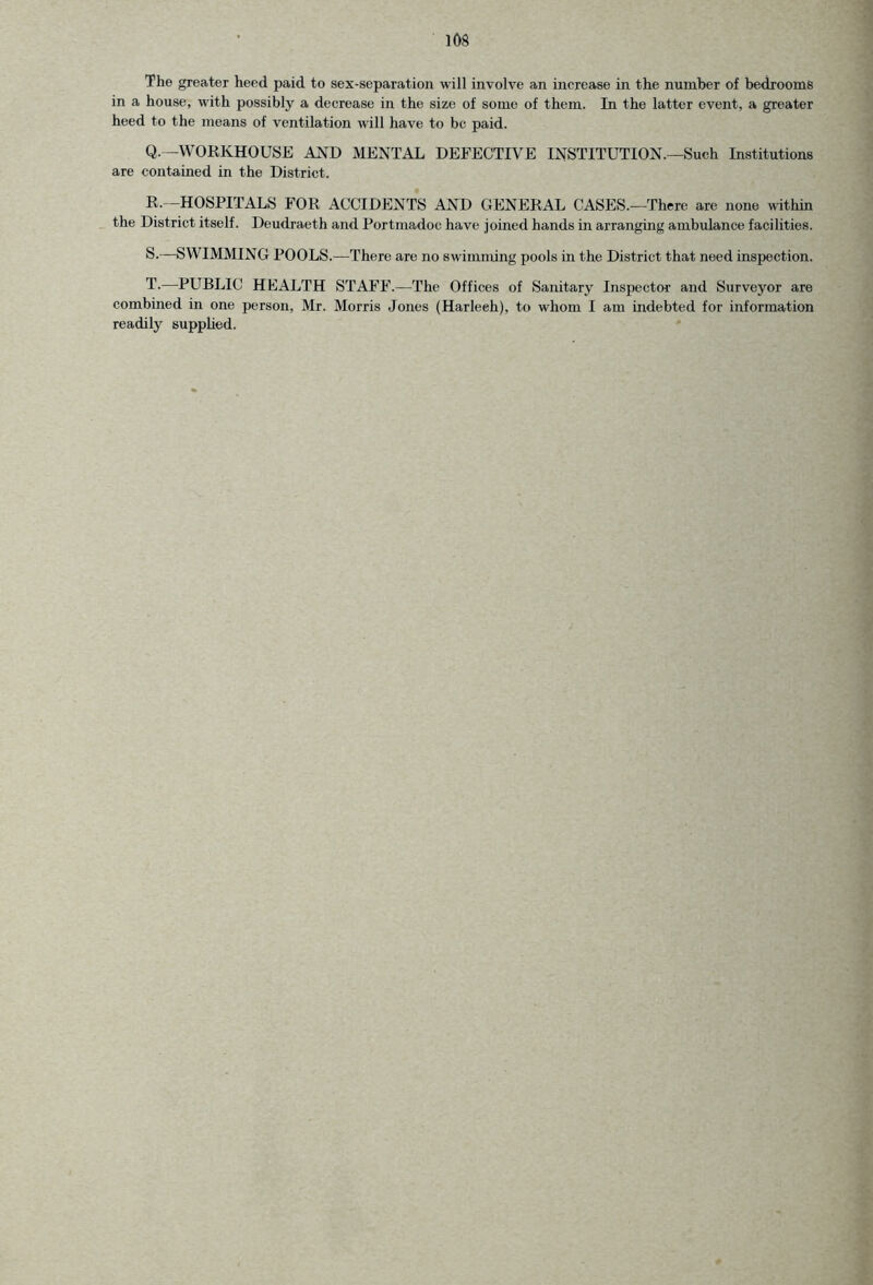 The greater heed paid to sex-separation will involve an increase in the number of bedrooms in a house, with possibly a decrease in the size of some of them. In the latter event, a greater heed to the means of ventilation will have to be paid. Q. —WORKHOUSE AND MENTAL DEFECTIVE INSTITUTION.—Such Institutions are contained in the District. R. —HOSPITALS FOR ACCIDENTS AND GENERAL CASES.—There are none within the District itself. Deudraeth and Portmadoc have joined hands in arranging ambulance facilities. S. —SWIMMING POOLS.—There are no swimming pools in the District that need inspection. T. —PUBLIC HEALTH STAFF.—The Offices of Sanitary Inspector and Surveyor are combined in one person, Mr. Morris Jones (Harleeh), to whom I am indebted for information readily supplied.