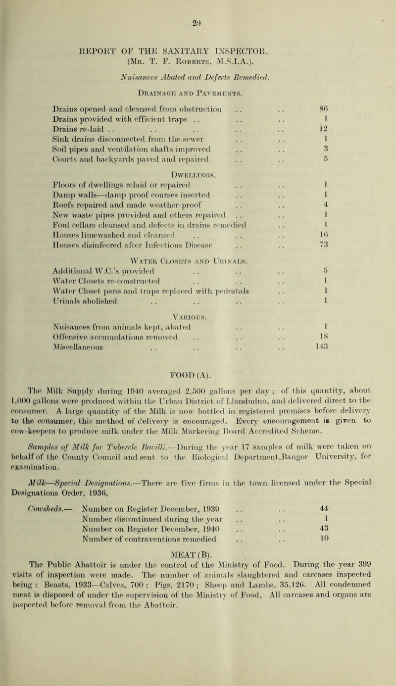 REPORT OE THE SANITARY INSPECTOR, (Mr. T. F. Roberts, M.S.I.A.). Nuisances Abated and Defects Remedied. Drainage and Pavements. Drains opened and cleansed from obstruction .. .. 80 Drains provided with efficient traps .. .. .. 1 Drains re-laid .. .. .. .. .. 12 Sink drains disconnected from the sewer .. .. 1 Soil pipes and ventilation shafts improved .. .. 3 Courts and backyards paved, and repaired .. .. 5 Dwellings. Floors of dwellings rclaid or repaired. .. .. 1 Damp walls—damp proof courses inserted .. .. 1 Roofs repaired and made weather-proof .. .. 4 New waste pipes provided and others repaired .. .. 1 Foul cellars cleansed and defects in drains remedied .. I Houses limewashed and cleansed .. .. .. 10 Houses disinfecred after Infectious Disease .. .. 73 Water Closets and Urinals. Additional W.C.’s provided .. .. .. 5 Water Closets re-constructed .. .. .. 1 Water Closet pans and traps replaced with pedestals .. 1 Urinals abolished .. .. .. .. 1 Various. Nuisances from animals kept, abated .. .. I Offensive accumulations removed .. .. .. 18 Miscellaneous ,, ,. ,. .. 143 FOOD (A). The Milk Supply during 1940 averaged 2,500 gallons per day; of this quantity, about 1,000 gallons were produced within the Urban District of Llandudno, and delivered direct to the consumer. A large quantity of the Milk is now bottled in registered premises before delivery to the consumer, this method of delivery is encouraged. Every encouragement i» given to cow-keepers to produce milk under the Milk Markering Board Accredited Scheme. Samples of Milk for Tubercle Bacilli.—During the year 17 samples of milk were taken on behalf of the County Council and sent to the Biological Department,Bangor University, for examination. Milk—Special Designations.—There are five firms in the town licensed under the Special Designations Order, 1936, Cowsheds.— Number on Register December, 1939 .. .. 44 Number discontinued during the year .. .. 1 Number on Register December, 1940 .. .. 43 Number of contraventions remedied .. .. 10 MEAT (B). The Public Abattoir is under the control of the Ministry of Food. During the year 399 visits of inspection were made. The number of animals slaughtered and carcases inspected being : Beasts, 1933—Calves, 700; Pigs, 2170; Sheep and Lambs, 35,126. All condemned meat is disposed of under the supervision of the Ministry of Food, All carcases and organs are inspected before removal from the Abattoir.