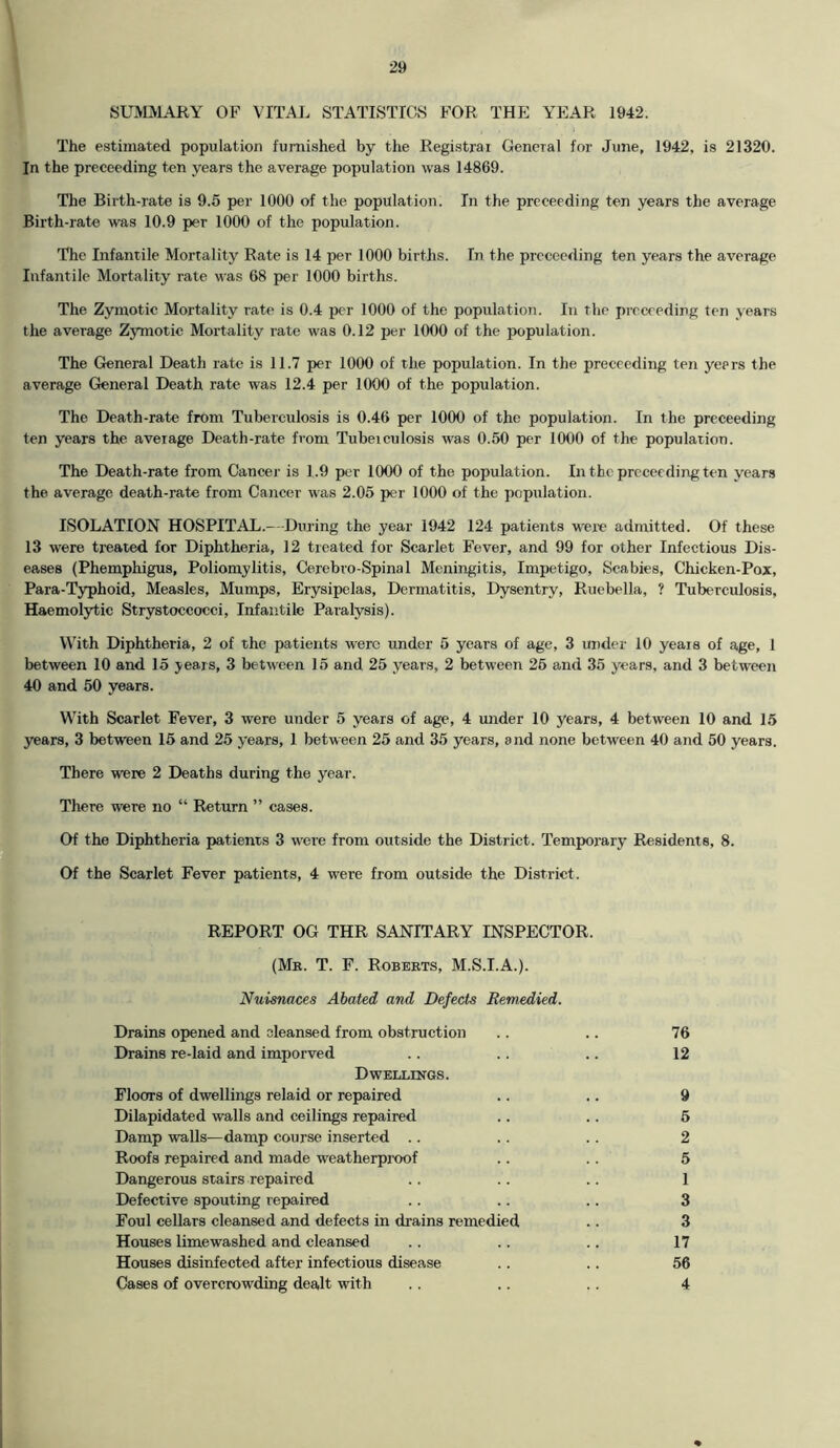 SUMMARY OF VITAL STATISTICS FOR THE YEAR 1942. The estimated population furnished by the Registrar General for June, 1942, is 21320. In the preceeding ten years the average population was 14869. The Birth-rate is 9.5 per 1000 of the population. In the preceeding ten years the average Birth-rate was 10.9 per 1000 of the population. The Infantile Mortality Rate is 14 per 1000 births. In the proceeding ten years the average Infantile Mortality rate was 68 per 1000 births. The Zymotic Mortality rate is 0.4 per 1000 of the population. In the preceeding ten years the average Zymotic Mortality rate was 0.12 per 1000 of the population. The General Death rate is 11.7 per 1000 of the population. In the preceeding ten years the average General Death rate was 12.4 per 1000 of the population. The Death-rate from Tuberculosis is 0.46 per 1000 of the population. In the preceeding ten years the average Death-rate from Tubeiculosis was 0.50 per 1000 of the population. The Death-rate from Cancer is 1.9 per 1000 of the population. In the proceeding ten years the average death-rate from Cancer was 2.05 per 1000 of the population. ISOLATION HOSPITAL.—During the year 1942 124 patients were admitted. Of these 13 were treated for Diphtheria, 12 treated for Scarlet Fever, and 99 for other Infectious Dis- eases (Phemphigus, Poliomylitis, Cerebro-Spinal Meningitis, Impetigo, Scabies, Chicken-Pox, Para-Typhoid, Measles, Mumps, Erysipelas, Dermatitis, Dysentry, Ruebella, ? Tuberculosis, Haemolytic Strystoccocci, Infantile Paralysis). With Diphtheria, 2 of the patients were under 5 years of age, 3 under 10 years of age, 1 between 10 and 15 years, 3 between 15 and 25 years, 2 between 25 and 35 years, and 3 between 40 and 50 years. With Scarlet Fever, 3 were under 5 years of age, 4 under 10 years, 4 between 10 and 15 years, 3 between 15 and 25 years, 1 between 25 and 35 years, and none between 40 and 50 years. There were 2 Deaths during the year. There were no “ Return ” cases. Of the Diphtheria patients 3 were from outside the District. Temporary Residents, 8. Of the Scarlet Fever patients, 4 were from outside the District. REPORT OG THR SANITARY INSPECTOR. (Mb. T. F. Robekts, M.S.I.A.). Nuisnaces Abated and Defects Remedied. Drains opened and cleansed from obstruction .. .. 76 Drains re-laid and imporved .. .. ,. 12 Dwellings. Floors of dwellings relaid or repaired .. .. 9 Dilapidated walls and ceilings repaired .. .. 5 Damp walls—damp course inserted .. .. .. 2 Roofs repaired and made weatherproof .. .. 5 Dangerous stairs repaired .. .. .. 1 Defective spouting repaired .. .. .. 3 Foul cellars cleansed and defects in drains remedied .. 3 Houses limewashed and cleansed .. .. .. 17 Houses disinfected after infectious disease .. .. 56 Cases of overcrowding dealt with .. .. .. 4