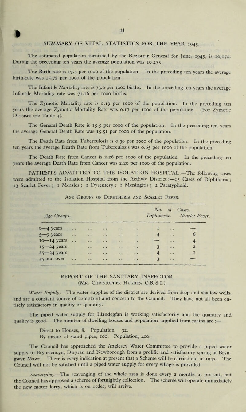 SUMMARY OF VITAL STATISTICS FOR THE YEAR 1945. The estimated population furnished by the Registrar General for June, 1945, is 10,170. During the preceding ten years the average population was 10,455. Tne Birth-rate is 17.5 per 1000 of the population. In the preceding ten years the average birth-rate was 15.72 per 1000 of the population. The Infantile Mortality rate is 73.0 per 1000 births. In the preceding ten years the average Infantile Mortality rate was 71.16 per 1000 births. 'I'he Zymotic Mortality rate is 0.19 per 1000 of the population. In the preceding ten years the average Zymotic Mortality Rate was 0.17 per 1000 of the population. (For Zymotic Diseases see Table 3). The General Death Rate is 15.5 per tooo of the population. In the preceding ten years the average General Death Rate was 15.51 per 1000 of the population. The Death Rate from Tuberculosis is 0.39 per 1000 of the population. In the preceding ten years the average Death Rate from Tuberculosis was 0.65 per 1000 of the population. The Death Rate from Cancer is 2.26 per 1000 of the population. In the preceding ten years the average Death Rate from Cancer was 2.20 per 1000 of the population. PATIENTS ADMITTED TO THE ISOLATION HOSPITAL.—The following cases were admitted to the Isolation Flospital from the Aethwy District:—15 Cases of Diphtheria ; 13 Scarlet Fever; i Measles; i Dysentery; i Meningitis; 2 Paratyphoid. Age Groups of Diphtheria and Scarlet Fever. No. of Cases. Age Groups. Diphtheria. Searlet Fever. 0—4 years . .. I — 5—9 years 4 6 10—14 years .. — 4 15—24 years 3 2 25—34 years 4 I 35 and over 3 — REPORT OF THE SANITARY INSPECTOR. (Mr. Christopher Hughes, C.R.S.I.). Water Supply.—The water supplies of the district arc derived from deep and shallow wells, and are a constant source of complaint and concern to the Council. They have not all been en- tirely satisfactory in quality or quantity. The piped water supply for Llandegfan is working satisfactorily and the quantity and quality is good. The number of dwelling houses and population supplied from mains are :— Direct to Houses, 8. Population 32. By means of stand pipes, 100. Population, 400. The Council has approached the Anglesey Water Committee to provide a piped water supply to Brynsiencyn, Dwyran and Newborough from a prolific and satisfactory spring at Bryn- gwyn Mawr. There is every indication at present that a Scheme will be carried out in 1947. The Council will not be satisfied until a piped water supply for every village is provided. Seavenging.—The scavenging of the whole area is done every 2 months at present, but the Council has approved a scheme of fortnightly collection. The scheme will operate immediately the new motor lorry, which is on order, will arrive.