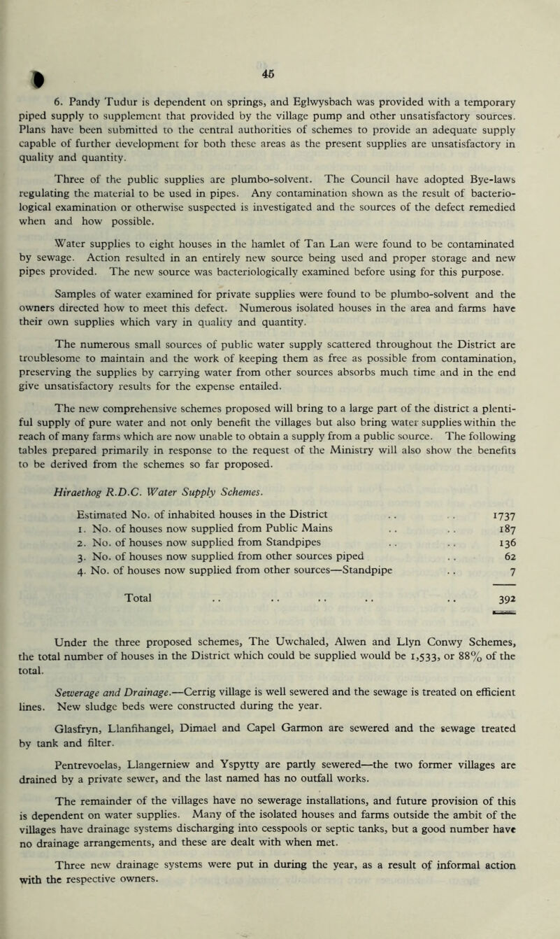 46 I 6. Pandy Tudur is dependent on springs, and Eglwysbach was provided with a temporary piped supply to supplement that provided by the village pump and other unsatisfactory sources. Plans have been submitted to the central authorities of schemes to provide an adequate supply capable of further development for both these areas as the present supplies are unsatisfactory in quality and quantity. Three of the public supplies are plumbo-solvent. The Council have adopted Bye-laws regulating the material to be used in pipes. Any contamination shown as the result of bacterio- logical examination or otherwise suspected is investigated and the sources of the defect remedied when and how possible. Water supplies to eight houses in the hamlet of Tan Lan were found to be contaminated by sewage. Action resulted in an entirely new source being used and proper storage and new pipes provided. The new source was bacteriologically examined before using for this purpose. Samples of water examined for private supplies were found to be plumbo-solvent and the owners directed how to meet this defect. Numerous isolated houses in the area and farms have their own supplies which vary in quality and quantity. The numerous small sources of public water supply scattered throughout the District arc troublesome to maintain and the work of keeping them as free as possible from contamination, preserving the supplies by carrying water from other sources absorbs much time and in the end give unsatisfactory results for the expense entailed. The new comprehensive schemes proposed will bring to a large part of the district a plenti- ful supply of pure water and not only benefit the villages but also bring water supplies within the reach of many farms which are now unable to obtain a supply from a public source. The following tables prepared primarily in response to the request of the Ministry will also show the benefits to be derived from the schemes so far proposed. Hiraethog R.D.C. Water Supply Schemes. Estimated No. of inhabited houses in the District 1. No. of houses now supplied from Public Mains 2. No. of houses now supplied from Standpipes 3. No. of houses now supplied from other sources piped 4. No. of houses now supplied from other sources—Standpipe 1737 187 136 62 7 Total 392 Under the three proposed schemes. The Uwchaled, Alwen and Llyn Conwy Schemes, the total number of houses in the District which could be supplied would be 1,533, or 88% of the total. Sewerage and Drainage.—Cerrig village is well sewered and the sewage is treated on efficient lines. New sludge beds were constructed during the year. Glasfryn, Llanfihangel, Dimael and Capel Garmon are sewered and the sewage treated by tank and filter. Pentrevoelas, Llangerniew and Yspytty are partly sewered—the two former villages are drained by a private sewer, and the last named has no outfall works. The remainder of the villages have no sewerage installations, and future provision of this is dependent on water supplies. Many of the isolated houses and farms outside the ambit of the villages have drainage systems discharging into cesspools or septic tanks, but a good number have no drainage arrangements, and these are dealt with when met. Three new drainage systems were put in during the year, as a result of informal action with the respective owners.