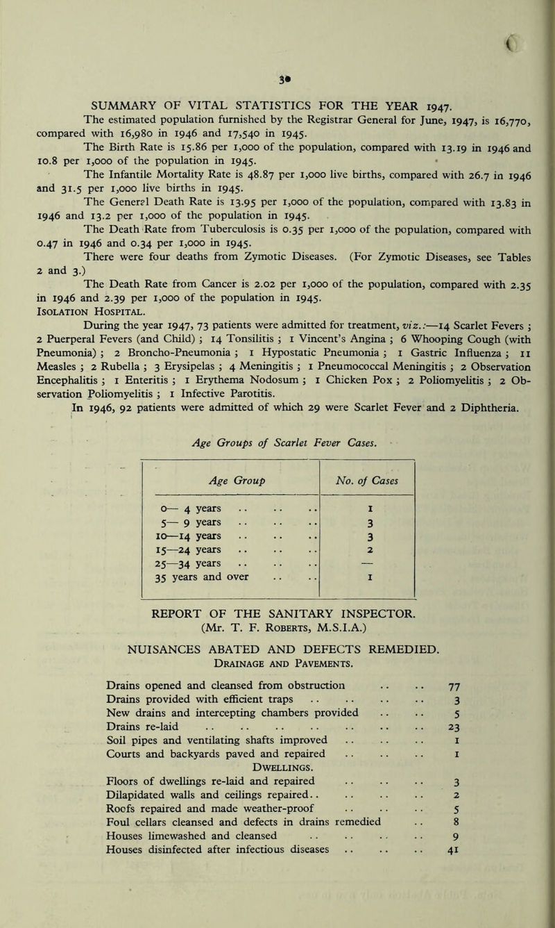 5* ( SUMMARY OF VITAL STATISTICS FOR THE YEAR 1947. The estimated population furnished by the Registrar General for June, 1947, is 16,770, compared with 16,980 in 1946 and 17,540 in 1945. The Birth Rate is 15.86 per 1,000 of the population, compared with 13.19 in 1946 and 10.8 per 1,000 of the population in 1945. The Infantile Mortality Rate is 48.87 per 1,000 live births, compared with 26.7 in 1946 and 31.5 per 1,000 live births in 1945. The General Death Rate is 13.95 Per 1,000 of the population, compared with 13.83 in 1946 and 13.2 per 1,000 of the population in 1945. The Death Rate from Tuberculosis is 0.35 per 1,000 of the population, compared with 0.47 in 1946 and 0.34 per 1,000 in 1945. There were fom- deaths from Zymotic Diseases. (For Zymotic Diseases, see Tables 2 and 3.) The Death Rate from Cancer is 2.02 per 1,000 of the population, compared with 2.35 in 1946 and 2.39 per 1,000 of the population in 1945. Isolation Hospital. During the year 1947, 73 patients were admitted for treatment, viz.:—14 Scarlet Fevers ; 2 Puerperal Fevers (and Child) ; 14 Tonsilitis ; i Vincent’s Angina ; 6 Whooping Cough (with Pneumonia) ; 2 Broncho-Pneumonia ; i Hypostatic Pneumonia; i Gastric Influenza; ii Measles ; 2 Rubella ; 3 Erysipelas ; 4 Meningitis ; i Pneumococcal Meningitis ; 2 Observation Encephalitis ; i Enteritis ; i Erythema Nodosum ; i Chicken Pox ; 2 Poliomyelitis ; 2 Ob- servation Poliomyelitis ; i Infective Parotitis. In 1946, 92 patients were admitted of which 29 were Scarlet Fever and 2 Diphtheria. Age Groups of Scarlet Fever Cases. Age Group No. of Cases 0— 4 years 1 5— 9 years 3 10—14 years 3 15—24 years 2 25—34 years — 35 years and over 1 REPORT OF THE SANITARY INSPECTOR. (Mr. T. F. Roberts, M.S.I.A.) NUISANCES ABATED AND DEFECTS REMEDIED. Drainage and Pavements. Drains opened and cleansed from obstruction .. .. 77 Drains provided with efficient traps .. .. .. 3 New drains and intercepting chambers provided .. .. 5 Drains re-laid .. .. .. .. .. .. .. 23 Soil pipes and ventilating shafts improved .. .. .. i Courts and backyards paved and repaired .. .. .. i Dwellings. Floors of dwellings re-laid and repaired .. .. .. 3 Dilapidated walls and ceilings repaired.. .. .. .. 2 Roofs repaired and made weather-proof .. .. .. 5 Foul cellars cleansed and defeas in drains remedied .. 8 Houses limewashed and cleansed .. .. .. .. 9 Houses disinfected after infectious diseases .. .. .. 41