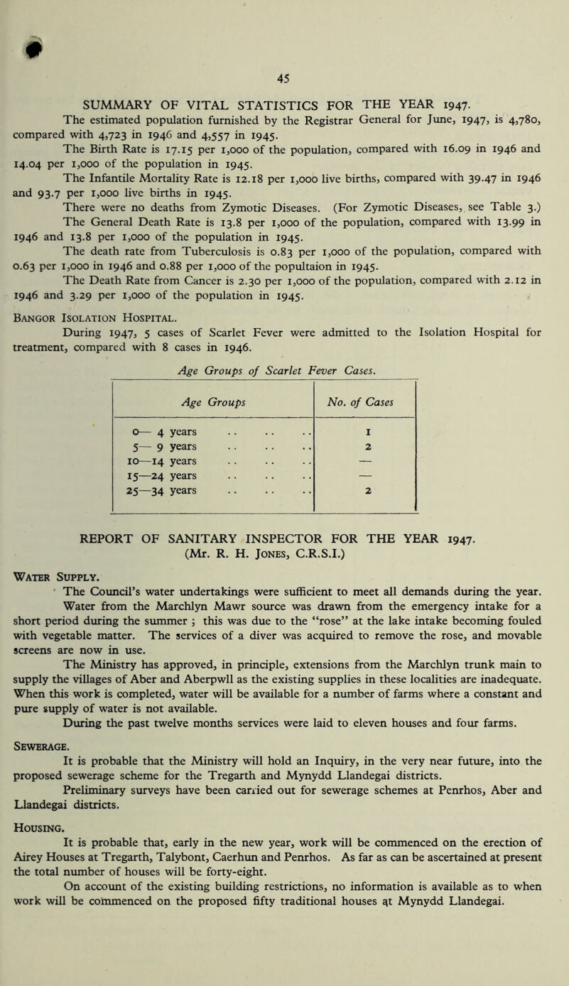 # SUMMARY OF VITAL STATISTICS FOR THE YEAR 1947. The estimated population fiumished by the Registrar General for June, 1947, is 4,780, compared with 4,723 in 1946 and 4,557 in 1945. The Birth Rate is 17.15 per 1,000 of the population, compared with 16.09 in 1946 and 14.04 per 1,000 of the population in 1945. The Infantile Mortality Rate is 12.18 per 1,000 live births, compared with 39.47 in 1946 and 93.7 per 1,000 live births in 1945. There were no deaths from Zymotic Diseases. (For Zymotic Diseases, see Table 3.) The General Death Rate is 13.8 per 1,000 of the population, compared with 13.99 itt 1946 and 13.8 per 1,000 of the population in 1945. The death rate from Tuberculosis is 0.83 per 1,000 of the population, compared with 0.63 per 1,000 in 1946 and 0.88 per 1,000 of the popultaion in 1945. The Death Rate from Cancer is 2.30 per 1,000 of the population, compared with 2.12 in 1946 and 3.29 per 1,000 of the population in 1945. Bangor Isolation Hospital. During 1947, 5 cases of Scarlet Fever were admitted to the Isolation Hospital for treatment, compared with 8 cases in 1946. Age Groups of Scarlet Fever Cases. Age Groups No. of Cases 0— 4 years I 5— 9 years 2 10—14 years — 15—24 years — 25—34 years 2 REPORT OF SANITARY INSPECTOR FOR THE YEAR 1947. (Mr. R. H. Jones, C.R.S.I.) Water Supply. • The Council’s water undertakings were sufficient to meet all demands during the year. Water from the Marchlyn Mawr source was drawn from the emergency intake for a short period during the summer ; this was due to the “rose” at the lake intake becoming fouled with vegetable matter. The services of a diver was acquired to remove the rose, and movable screens are now in use. The Ministry has approved, in principle, extensions from the Marchlyn trunk main to supply the villages of Aber and Aberpwll as the existing supplies in these localities are inadequate. When this work is completed, water will be available for a number of farms where a constant and pure supply of water is not available. During the past twelve months services were laid to eleven houses and four farms. Sewerage. It is probable that the Ministry will hold an Inquiry, in the very near future, into the proposed sewerage scheme for the Tregarth and Mynydd Llandegai districts. Preliminary surveys have been carried out for sewerage schemes at Penrhos, Aber and Llandegai districts. Housing. It is probable that, early in the new year, work will be commenced on the erection of Airey Houses at Tregarth, Talybont, Caerhun and Penrhos. As far as can be ascertained at present the total number of houses will be forty-eight. On account of the existing building restrictions, no information is available as to when work will be commenced on the proposed fifty traditional houses ^t Mynydd Llandegai.