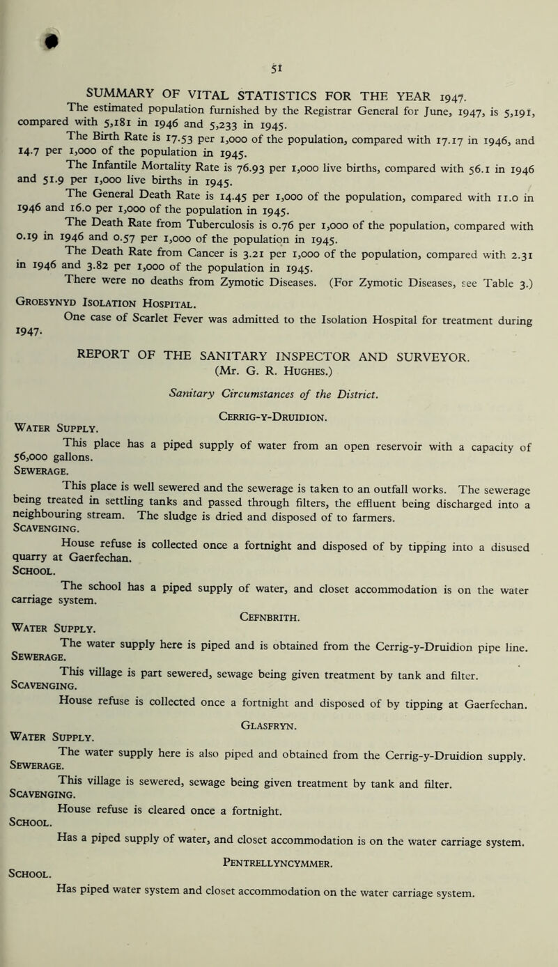 SUMMARY OF VITAL STATISTICS FOR THE YEAR 1947. The estimated population furnished by the Registrar General for June, 1947, is 5,191, compared with 5jI8i in 1946 and 5,233 in 1945. The Birth Rate is 17.53 per 1,000 of the population, compared with 17.17 in 1946, and 14.7 per 1,000 of the population in 1945. The Infantile Mortality Rate is 76.93 per 1,000 live births, compared with 56.1 in 1946 and 5^-9 1,000 live births in 1945. The General Death Rate is 14.45 per 1,000 of the population, compared with ii.o in 1946 and 16.0 per 1,000 of the population in 1945. The Death Rate from Tuberculosis is 0.76 per 1,000 of the population, compared with 0.19 in 1946 and 0.57 per 1,000 of the population in 1945. The Death Rate from Cancer is 3.21 per 1,000 of the population, compared with 2.31 in 194^ 3nd 3.82 per 1,000 of the population in 1945. There were no deaths from Zymotic Diseases. (For Zymotic Diseases, see Table 3.) Groesynyd Isolation Hospital. One case of Scarlet Fever was admitted to the Isolation Hospital for treatment during 1947. REPORT OF THE SANITARY INSPECTOR AND SURVEYOR. (Mr. G. R. Hughes.) Sanitary Circumstances of the District. Cerrig-y-Druidion. Water Supply. This place has a piped supply of water from an open reservoir with a capacity of 56,000 gallons. Sewerage. This place is well sewered and the sewerage is taken to an outfall works. The sewerage being treated in settling tanks and passed through filters, the effluent being discharged into a neighbouring stream. The sludge is dried and disposed of to farmers. Scavenging. House refuse is collected once a fortnight and disposed of by tipping into a disused quarry at Gaerfechan. School. The school has a piped supply of water, and closet accommodation is on the water carriage system. Cefnbrith. Water Supply. The water supply here is piped and is obtained from the Cerrig-y-Druidion pipe line. Sewerage. This village is part sewered, sewage being given treatment by tank and filter. Scavenging. House refuse is collected once a fortnight and disposed of by tipping at Gaerfechan. Glasfryn. Water Supply. The water supply here is also piped and obtained from the Cerrig-y-Druidion supply. Sewerage. This village is sewered, sewage being given treatment by tank and filter. Scavenging. House refuse is cleared once a fortnight. School. Has a piped supply of water, and closet accommodation is on the water carriage system. Pentrellyncymmer. School. Has piped water system and closet accommodation on the water carriage system.