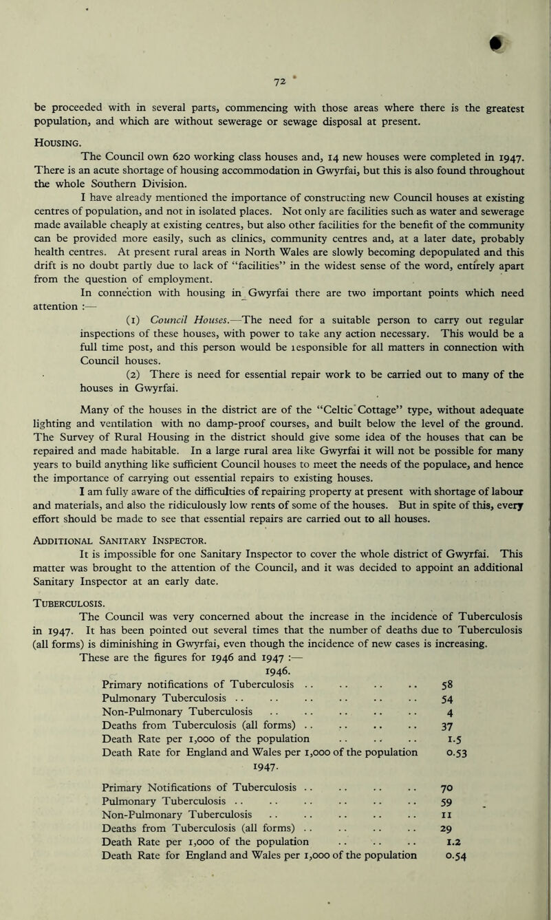 72 ‘ be proceeded with in several parts, commencing with those areas where there is the greatest population, and which are without sewerage or sewage disposal at present. Housing. The Coimcil own 620 working class houses and, 14 new houses were completed in 1947. There is an acute shortage of housing accommodation in Gwyrfai, but this is also found throughout the whole Southern Division. I have already mentioned the importance of constructing new Council houses at existing centres of population, and not in isolated places. Not only are facilities such as water and sewerage made available cheaply at existing centres, but also other facilities for the benefit of the community can be provided more easily, such as clinics, community centres and, at a later date, probably health centres. At present rural areas in North Wales are slowly becoming depopulated and this drift is no doubt partly due to lack of “facilities” in the widest sense of the word, entirely apart from the question of employment. In connection with housing in Gwyrfai there are two important points which need attention :— (1) Council Houses.—The need for a suitable person to carry out regular inspections of these houses, with power to take any action necessary. This would be a full time post, and this person would be lesponsible for all matters in connection with Council houses. (2) There is need for essential repair work to be carried out to many of the houses in Gwyrfai. Many of the houses in the district are of the “Celtic’Cottage” type, without adequate lighting and ventilation with no damp-proof courses, and built below the level of the ground. The Survey of Rural Housing in the district should give some idea of the houses that can be repaired and made habitable. In a large rural area like Gwyrfai it will not be possible for many years to build anything like sufficient Council houses to meet the needs of the populace, and hence the importance of carrying out essential repairs to existing houses. I am fully aware of the difficulties of repairing property at present with shortage of labour and materials, and also the ridiculously low rents of some of the houses. But in spite of this, every effort should be made to see that essential repairs are carried out to all houses. Additional Sanitary Inspector. It is impossible for one Sanitary Inspector to cover the whole district of Gwyrfai. This matter was brought to the attention of the Council, and it was decided to appoint an additional Sanitary Inspector at an early date. Tuberculosis. The Council was very concerned about the increase in the incidence of Tuberculosis in 1947. It has been pointed out several times that the number of deaths due to Tuberculosis (all forms) is diminishing in Gwyrfai, even though the incidence of new cases is increasing. These are the figures for 1946 and 1947 :— 1946. Primary notifications of Tuberculosis .. .. .. .. 58 Pulmonary Tuberculosis .. .. .. .. .. .. 54 Non-Pulmonary Tuberculosis .. .. .. .. .. 4 Deaths from Tuberculosis (all forms) .. .. .. .. 37 Death Rate per 1,000 of the population .. .. 1.5 Death Rate for England and Wales per 1,000 of the population 0.53 1947- Primary Notifications of Tuberculosis .. .. .. .. 70 Pulmonary Tuberculosis .. .. .. .. .. .. 59 Non-Pulmonary Tuberculosis .. .. .. .. .. 11 Deaths from Tuberculosis (all forms) .. .. .. .. 29 Death Rate per 1,000 of the population .. .. .. 1.2 Death Rate for England and Wales per 1,000 of the population 0.54