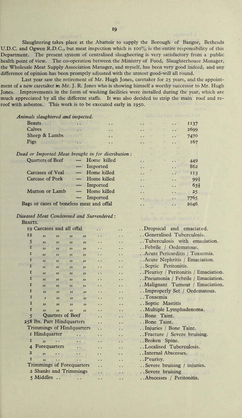 Slaughtering takes place at the Abattoir to supply the Borough of Bangor, Bethesda U.D.C. and Ogwen R.D.C., but meat inspection which is ioo% is the entire responsibility of this Department. The present system of centralised slaugheering is very satisfactory from a public health point of view. The co-operation between the Ministry of Food, Slaughterhouse Manager, the Wholesale Meat Supply Association Manager, and myself, has been very good indeed, and any difference of opinion has been promptly adjusted with the utmost good-will all round. Last year saw the retirement of Mr. Hugh Jones, caretaker for 25 years, and the appoint- ment of a new caretaker ki Mr. J. R. Jones who is showing himself a worthy successor to Mr. Hugh Jones. Improvements in the form of washing facilities were installed during the year, which are much appreciated by all the different staffs. It was also decided to strip the main roof and re- roof with asbestos. This work is to be executed early in 1950. Animals slaughtered and inspected. Beasts .. .. .. .. 1137 Calves .. .. .. .. 2699 Sheep & Lambs .. .. .. 7470 Pigs .. .. .. .. 167 Dead or Imported Meat brought in for distribution : Quaners of Beef — Home killed .. .. 449 — Imported .. .. 862 Carcases of Veal — Home killed .. ' .. 113 Carcase of Pork — Home killed .. .. 99^ — Imported .. .. 63 i Mutton or Lamb — Home killed .. .. 25 — Imported .. .. 7765 Bags or cases of boneless meat and offal .. .. 2046 Diseased Meat Condemned and Surrendered: Beasts. 19 Carcases and all offal 12 ,, 5, ,, ,, 5 I I I I I I I I r I I 5 Quarters of Beef 258 lbs. Part HUndquarters Trimmings of Hindquarters I Hindquarter 1 4 Forequarters 2 1 ,, Trimmings of Forequarters 2 Shanks and Trimmings 5 Middles .. ..Dropsical and emaciated. ..Generalised Tuberculosis. . .Tuberculosis with emaciation. ..Febrile / Oedematous. . .Acute Pericarditis / Toxaemia. . .Acute Nephritis / Emaciation. .. Septic Peritonitis. .. Pleurisy / Peritonitis / Emaciation. . .Pneumonia / Febrile / Emaciation. ..Malignant Tumour / Emaciation. .. Improperly Set / Oedematous. . .Toxaemia .. Septic Mastitis .. Multiple Lymphadenoma. ..Bone Taint. ..Bone Taint. .. Injuries / Bone Taint. .. Fracture / Severe bruising. ..Broken Spine. ..Localised Tuberculosis. . .Internal Abscesses. .. P'eurisy. .. Severe bruising / injuries. .. Severe bruising .. Abscesses / Peritonitis.