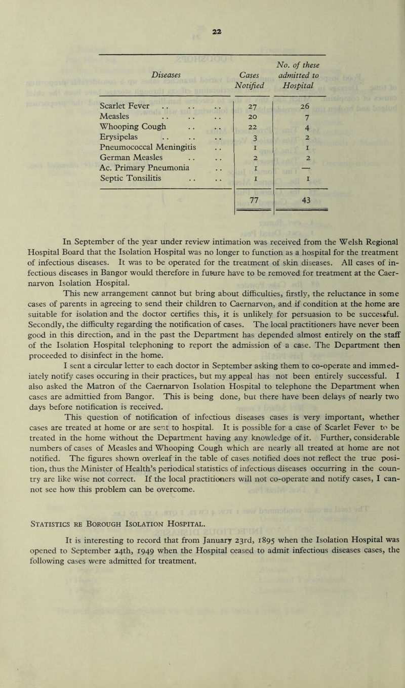 No. of these Diseases Cases Notified admitted to Hospital Scarlet Fever 27 26 Measles 20 7 Whooping Cough 22 4 Erysipelas 3 2 Pneumococcal Meningitis I I German Measles 2 2 Ac. Primary Pneumonia I — Septic Tonsihtis I I 77 43 In September of the year under review intimation was received from the Welsh Regional Hospital Board that the Isolation Hospital was no longer to function as a hospital for the treatment of infectious diseases. It was to be operated for the treatment of skin diseases. All cases of in- fectious diseases in Bangor would therefore in future have to be removed for treatment at the Caer- narvon Isolation Hospital. This new arrangement cannot but bring about difficulties, firstly, the reluctance in some cases of parents in agreeing to send their children to Caernarvon, and if condition at the home are suitable for isolation and the doctor certifies this, it is unlikely for persuasion to be successful. Secondly, the difficulty regarding the notification of cases. The local practitioners have never been good in this direction, and in the past the Department has depended almost entirely on the staff of the Isolation Hospital telephoning to report the admission of a case. The Department then proceeded to disinfect in the home. I sent a circular letter to each doctor in September asking them to co-operate and immed- iately notify cases occuring in their practices, but my appeal has not been entirely successful. I also asked the Matron of the Caernarvon Isolation Hospital to telephone the Department when cases are admittied from Bangor. This is being done, but there have been delays of nearly two days before notification is received. This question of notification of infectious diseases cases is very important, whether cases are treated at home or are sent to hospital. It is possible for a case of Scarlet Fever to be treated in the home without the Department having any knowledge of it. Further, considerable numbers of cases of Measles and Whooping Cough which are nearly all treated at home are not notified. The figures shown overleaf in the table of cases notified does not reflect the true posi- tion, thus the Minister of Health’s periodical statistics of infectious diseases occurring in the coun- try are like wise not correct. If the local practitioners will not co-operate and notify cases, I can- not see how this problem can be overcome. Statistics re Borough Isolation Hospital. It is interesting to record that from January 23rd, 1895 when the Isolation Hospital was opened to September 24th, 1949 when the Hospital ceased to admit infectious diseases cases, the following cases were admitted for treatment.