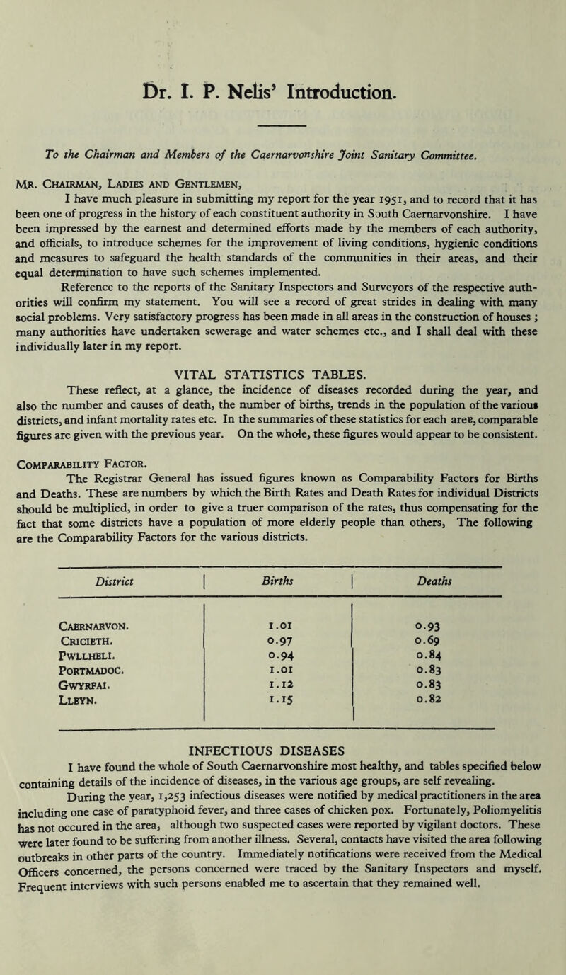 To the Chairman and Members of the Caernarvonshire Joint Sanitary Committee. Mr. Chairman, Ladies and Gentlemen, I have much pleasure in submitting my report for the year 1951, and to record that it has been one of progress in the history of each constituent authority in SDuth Caernarvonshire. I have been impressed by the earnest and determined efforts made by the members of each authority, and officials, to introduce schemes for the improvement of living conditions, hygienic conditions and measures to safeguard the health standards of the communities in their areas, and their equal determination to have such schemes implemented. Reference to the reports of the Sanitary Inspectors and Surveyors of the respective auth- orities will confirm my statement. You will see a record of great strides in dealing with many social problems. Very satisfactory progress has been made in all areas in the construction of houses ; many authorities have undertaken sewerage and water schemes etc., and I shall deal with these individually later in my report. VITAL STATISTICS TABLES. These reflect, at a glance, the incidence of diseases recorded during the year, and also the number and causes of death, the number of births, trends in the population of the varioui districts, and infant mortality rates etc. In the summaries of these statistics for each arec, comparable figures are given with the previous year. On the whtrfe, these figures would appear to be consistent. Comparability Factor. The Registrar General has issued figures known as Comparability Factors for Births and Deaths. These are numbers by which the Birth Rates and Death Rates for individual Districts should be multiplied, in order to give a truer comparison of the rates, thus compensating for the fact that some districts have a population of more elderly people than others. The following are the Comparability Factors for the various districts. District Births Deaths Caernarvon. l.OI 0.93 Cricieth. 0.97 0.69 Pwllheli. 0.94 0.84 Portmadoc. 1.01 0.83 Gwyrpai. 1.12 0.83 Lleyn. 1.15 0.82 INFECTIOUS DISEASES I have found the whole of South Caernarvonshire most healthy, and tables specified below containing details of the incidence of diseases, in the various age groups, are self revealing. During the year, 1,253 infectious diseases were notified by medical practitioners in the area including one case of paratyphoid fever, and three cases of chicken pox. Fortunately, Poliomyelitis has not occured in the area, although two suspected cases were reported by vigilant doctors. These were later found to be sufferii^ from another illness. Several, contacts have visited the area following outbreaks in other parts of the country. Immediately notifications were received from the Medical Officers concerned, the persons concerned were traced by the Sanitary Inspectors and myself. Frequent interviews with such persons enabled me to ascertain that they remained well.