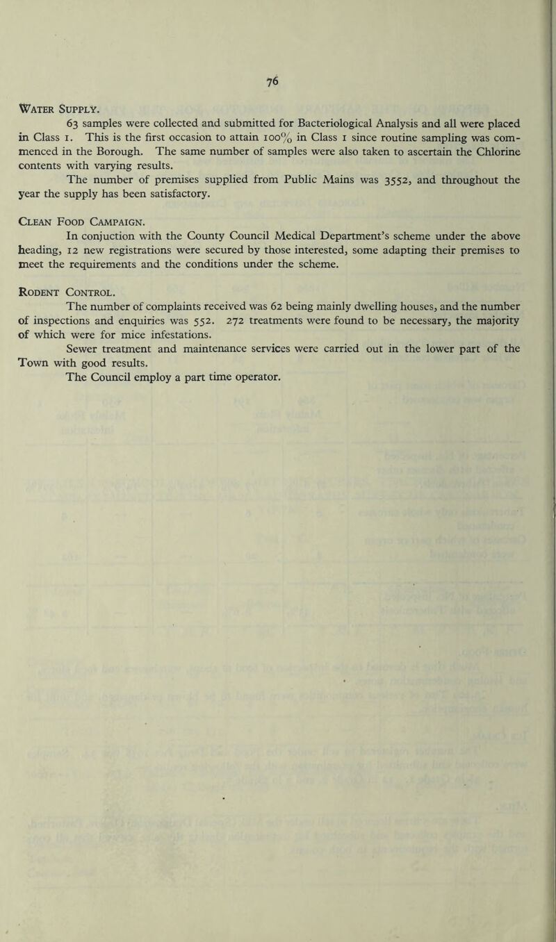 Water Supply. 63 samples were collected and submitted for Bacteriological Analysis and all were placed in Class i. This is the first occasion to attain 100% in Class i since routine sampling was com- menced in the Borough. The same number of samples were also taken to ascertain the Chlorine contents with varying results. The number of premises supplied from Public Mains was 3552, and throughout the year the supply has been satisfactory. Clean Food Campaign. In conjuction with the County Council Medical Department’s scheme under the above heading, 12 new registrations were secured by those interested, some adapting their premises to meet the requirements and the conditions under the scheme. Rodent Control. The number of complaints received was 62 being mainly dwelling houses, and the number of inspections and enquiries was 552. 272 treatments were found to be necessary, the majority of which were for mice infestations. Sewer treatment and maintenance services were carried out in the lower part of the Town with good results. The Council employ a part time operator.