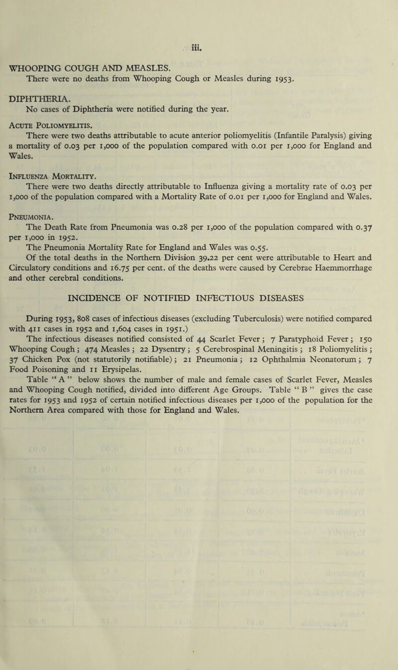 WHOOPING COUGH AND MEASLES. There were no deaths from Whooping Cough or Measles during 1953. DIPHTHERIA. No cases of Diphtheria were notified during the year. Acute Poliomyelitis. There were two deaths attributable to acute anterior poliomyelitis (Infantile Paralysis) giving a mortality of 0.03 per 1,000 of the population compared with 0.01 per 1,000 for England and Wales. Influenza Mortality. There were two deaths directly attributable to Influenza giving a mortality rate of 0.03 per 1,000 of the population compared with a Mortality Rate of 0.01 per 1,000 for England and Wales. Pneumonia. The Death Rate from Pneumonia was 0.28 per 1,000 of the population compared with 0.37 per 1,000 in 1952. The Pneumonia Mortality Rate for England and Wales was 0.55. Of the total deaths in the Northern Division 39.22 per cent were attributable to Heart and Circulatory conditions and 16.75 per cent, of the deaths were caused by Cerebrae Haemmorrhage and other cerebral conditions. INCIDENCE OF NOTIFIED INFECTIOUS DISEASES During 1953, 808 cases of infectious diseases (excluding Tuberculosis) were notified compared with 411 cases in 1952 and 1,604 cases in 1951.) The infectious diseases notified consisted of 44 Scarlet Fever; 7 Paratyphoid Fever; 150 Whooping Cough; 474 Measles ; 22 Dysentry; 5 Cerebrospinal Meningitis ; 18 Poliomyelitis; 37 Chicken Pox (not statutorily notifiable); 21 Pneumonia ; 12 Ophthalmia Neonatorum; 7 Food Poisoning and n Erysipelas. Table “ A ” below shows the number of male and female cases of Scarlet Fever, Measles and Whooping Cough notified, divided into different Age Groups. Table “ B ” gives the case rates for 1953 and 1952 of certain notified infectious diseases per i,ooo of the population for the Northern Area compared with those for England and Wales.