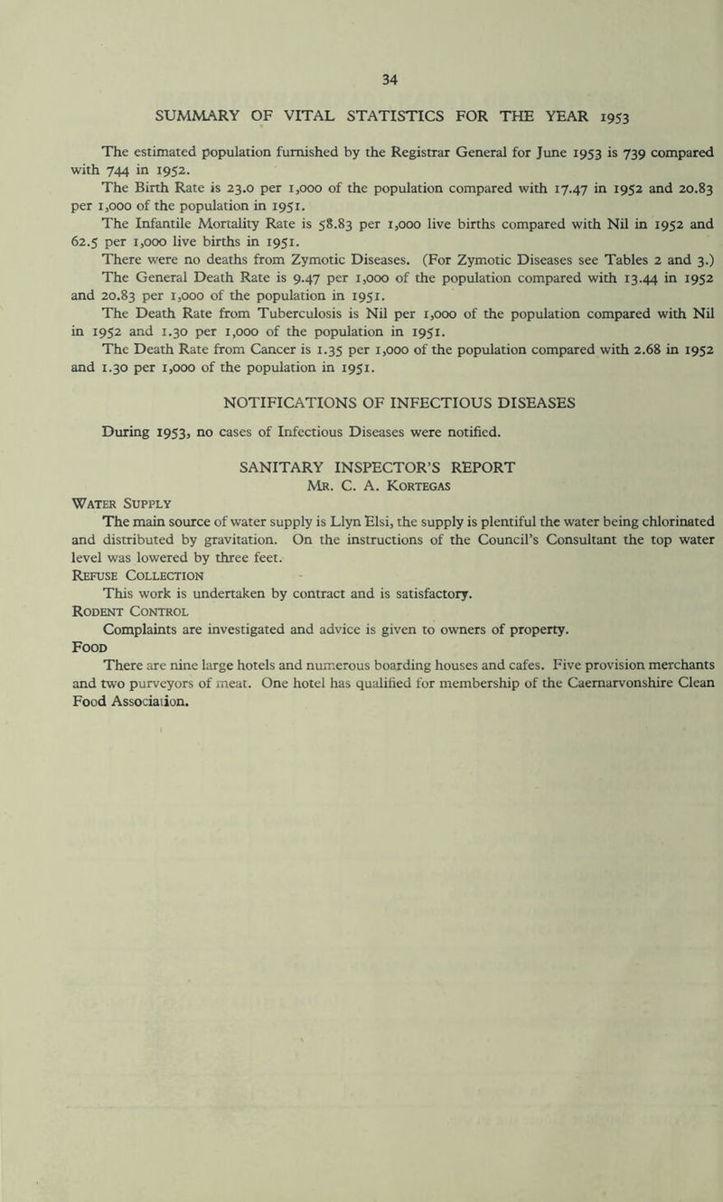 SUMMARY OF VITAL STATISTICS FOR THE YEAR 1953 The estimated population furnished by the Registrar General for June 1953 is 739 compared with 744 in 1952. The Birth Rate is 23.0 per 1,000 of the population compared with 17.47 in 1952 and 20.83 per 1,000 of the population in 1951. The Infantile Mortality Rate is 58.83 per 1,000 live births compared with Nil in 1952 and 62.5 per 1,000 live births in 1951. There were no deaths from Zymotic Diseases. (For Zymotic Diseases see Tables 2 and 3.) The General Death Rate is 9.47 per 1,000 of the population compared with 13.44 in 1952 and 20.83 per 1,000 of the population in 1951. The Death Rate from Tuberculosis is Nil per 1,000 of the population compared with Nil in 1952 and 1.30 per 1,000 of the population in 1951. The Death Rate from Cancer is 1.35 per 1,000 of the population compared with 2.68 in 1952 and 1.30 per 1,000 of the population in 1951. NOTIFICATIONS OF INFECTIOUS DISEASES During 1953, no cases of Infectious Diseases were notified. SANITARY INSPECTOR’S REPORT Mr. C. A. Kortegas Water Supply The main source of water supply is Llyn Elsi, the supply is plentiful the water being chlorinated and distributed by gravitation. On the instructions of the Council’s Consultant the top water level was lowered by three feet. Refuse Collection This work is undertaken by contract and is satisfactory. Rodent Control Complaints are investigated and advice is given to owners of property. Food There are nine large hotels and numerous boarding houses and cafes. Five provision merchants and two purveyors of meat. One hotel has qualified for membership of the Caernarvonshire Clean Food Association.