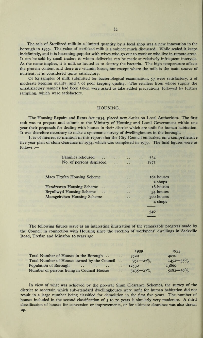 The sale of Sterilized milk in a limited quantity by a local shop was a new innovation in the borough in 1955. The value of sterilized milk is a subject much discussed. While sealed it keeps indefinitely, and it is becoming popular with wives who go out to work or who live in remote areas. It can be sold by small traders to whom deliveries can be made at relatively infrequent intervals. As the name implies, it is milk so heated as to destroy the bacteria. The high temperature affects the protein content and there are vitamin losses, but except w’here the milk is the main source of nutrient, it is considered quite satisfactory. Of 62 samples of milk submitted for bacteriological examination, 57 were satisfactory, 2 of moderate keeping quality, and 3 of poor keeping quality. The retailers from whose supply the unsatisfactory samples had been taken were asked to take added precautions, followed by further sampling, which were satisfactory. HOUSING. The Housing Repairs and Rents Act 1954, placed new duties on Local Authorities. The first task was to prepare and submit to the Ministry of Housing and Local Government within one year their proposals for dealing with houses in their district which are unfit for human habitation. It was therefore necessary to make a systematic survey of dwellinghouses in the borough. It is of interest to mention in this report that the City Council embarked on a comprehensive five year plan of slum clearance in 1934, which was completed in 1939. The final figures were as follows :— Families rehoused .. 534 No. of persons displaced .. 1871 Maes Tryfan Housing Scheme .. .. 162 houses 2 shops Hendrewen Housing Scheme .. .. 18 houses Brynllwyd Housing Scheme .. .. 54 houses Maesgeirchen Housing Scheme 300 houses 4 shops 540 The following figures serve as an interesting illustration of the remarkable progress made by the Council in connection with Housing since the erection of workmens’ dwellings in Sackville Road, Treflan and Minafon 50 years ago. Total Number of Houses in the Borough .. Total Number of Houses owned by the Council Population of Borough Number of persons living in Council Houses 1939 3520 951—27% 12530 3435—27% 1955 4070 1452—35% 13860 5082—36% In view of what was achieved by the pre-war Slum Clearance Schemes, the survey of the district to ascertain which sub-standard dwellinghouses were unfit for human habitation did not result in a large number being classified for demolition in the first five years. The number of houses included in the second classification of 5 to 20 years is similarly very moderate. A third classification of houses for conversion or improvements, or for ultimate clearance was also drawn up.