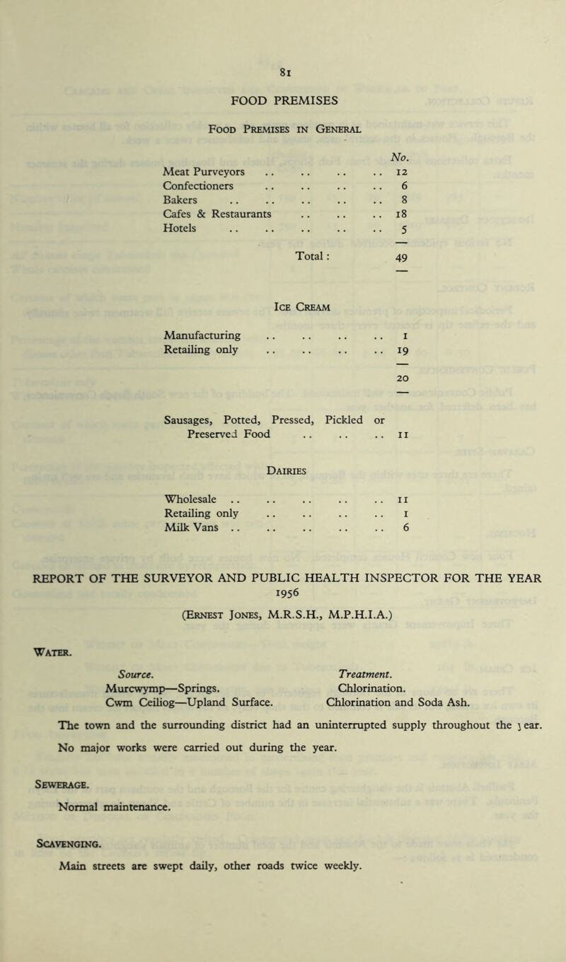 FOOD PREMISES Food Premises in General No. Meat Purveyors .. .. .. .. 12 Confectioners .. .. .. .. 6 Bakers .. .. .. .. .. 8 Cafes & Restaurants .. .. .. 18 Hotels .. .. .. .. .. 5 Total: 49 Ice Cream Manufacturing .. .. .. .. 1 Retailing only .. .. .. .. 19 20 Sausages, Potted, Pressed, Pickled or Preserved Food .. .. .. 11 Dairies Wholesale .. .. .. .. .. 11 Retailing only .. .. .. .. 1 Milk Vans .. .. .. .. .. 6 REPORT OF THE SURVEYOR AND PUBLIC HEALTH INSPECTOR FOR THE YEAR 1956 (Ernest Jones, M.R.S.H., M.P.H.I.A.) Water. Source. Treatment. Murcwymp—Springs. Chlorination. Cwm Ceiliog—Upland Surface. Chlorination and Soda Ash. The town and the surrounding district had an uninterrupted supply throughout the j ear. No major works were carried out during the year. Sewerage. Normal maintenance. Scavenging. Main streets are swept daily, other roads twice weekly.