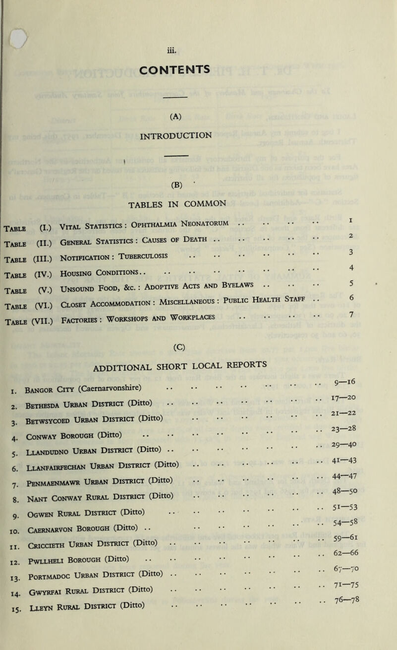 CONTENTS (A) INTRODUCTION l (B) TABLES IN COMMON Table (I.) Table (II.) Table (HI.) Table (IV.) Table (V.) Table (VI.) Table (VII.) Vital Statistics : Ophthalmia Neonatorum General Statistics : Causes of Death Notification : Tuberculosis Housing Conditions Unsound Food, &c. : Adoptive Acts and Byelaws .. Closet Accommodation : Miscellaneous : Public Health Staff Factories : Workshops and Workplaces 1 2 3 4 5 6 7 (C) ADDITIONAL SHORT 1. Bangor City (Caernarvonshire) 2. Bethesda Urban District (Ditto) 3. Betwsycoed Urban District (Ditto) 4. Conway Borough (Ditto) 5. Llandudno Urban District (Ditto) .. 6. Llanfairfechan Urban District (Ditto) 7. Penmaenmawr Urban District (Ditto) 8. Nant Conway Rural District (Ditto) 9. Ogwen Rural District (Ditto) 10. Caernarvon Borough (Ditto) .. 11. Criccieth Urban District (Ditto) 12. Pwllheli Borough (Ditto) 13. Portmadoc Urban District (Ditto) .. 14. Gwyrfai Rural District (Ditto) 15. Lleyn Rural District (Ditto) LOCAL REPORTS 9— 17—20 21—22 23—28 25—40 41—43 44—47 48—50 51—53 54—58 59—61 •• 62—66 6/—70 71—75 76—78