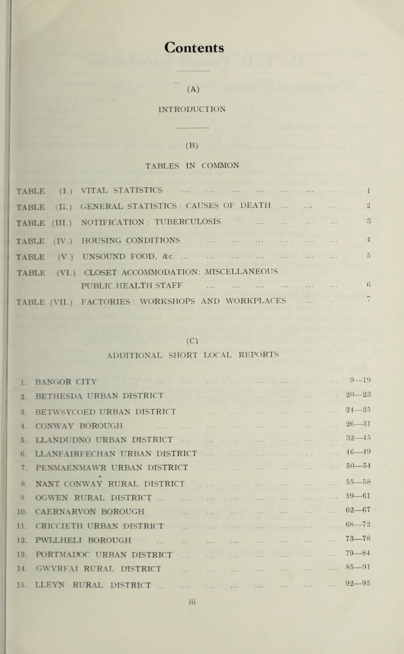 Contents (A) INTRODUCTION (B) TABLES IN COMMON TABLE (I.) VITAL STATISTICS 1 TABLE (II.) GENERAL STATISTICS: CAUSES OF DEATH 2 TABLE (III.) NOTIFICATION : TUBERCULOSIS 3 TABLE (IV.) HOUSING CONDITIONS 4 TABLE (V.) UNSOUND FOOD. &c 5 TABLE (VI.) CLOSET ACCOMMODATION: MISCELLANEOUS PUBLIC HE.ALTH STAFF 6 TABLE (VII.) FACTORIES: WORKSHOPS AND WORKPLACES (C) ADDITIONAL SHORT LOCAL REPORTS 1. BANGOR CITY ■2. BETHESDA URBAN DISTRICT 3. BETWSYCOED URBAN DISTRICT 4. CONWAY BOROUGH 5. I^LANDUDNO URBAN DISTRICT . 6. LLANFAIRFECHAN URBAN DISTRICT 7. PENMAENMAWR URBAN DISTRICT 8. NANT CONWAY RURAL DISTRICT 9 OGWEN RURAL DISTRICT ... 10. CAERNARVON BOROUGH 11. CRICCIETH URBAN DISTRICT 12. PWLLHELI BOROUGH 13. PORTMADOC URBAN DISTRICT ... 14 GWYRFAI RURAL DISTRICT 15. LLEYN RURAL DISTRICT 9—10 ‘20—23 24—25 26—31 32—45 46—49 50—54 55—58 59—61 62—67 68—72 73—78 79—84 85—91 92—95