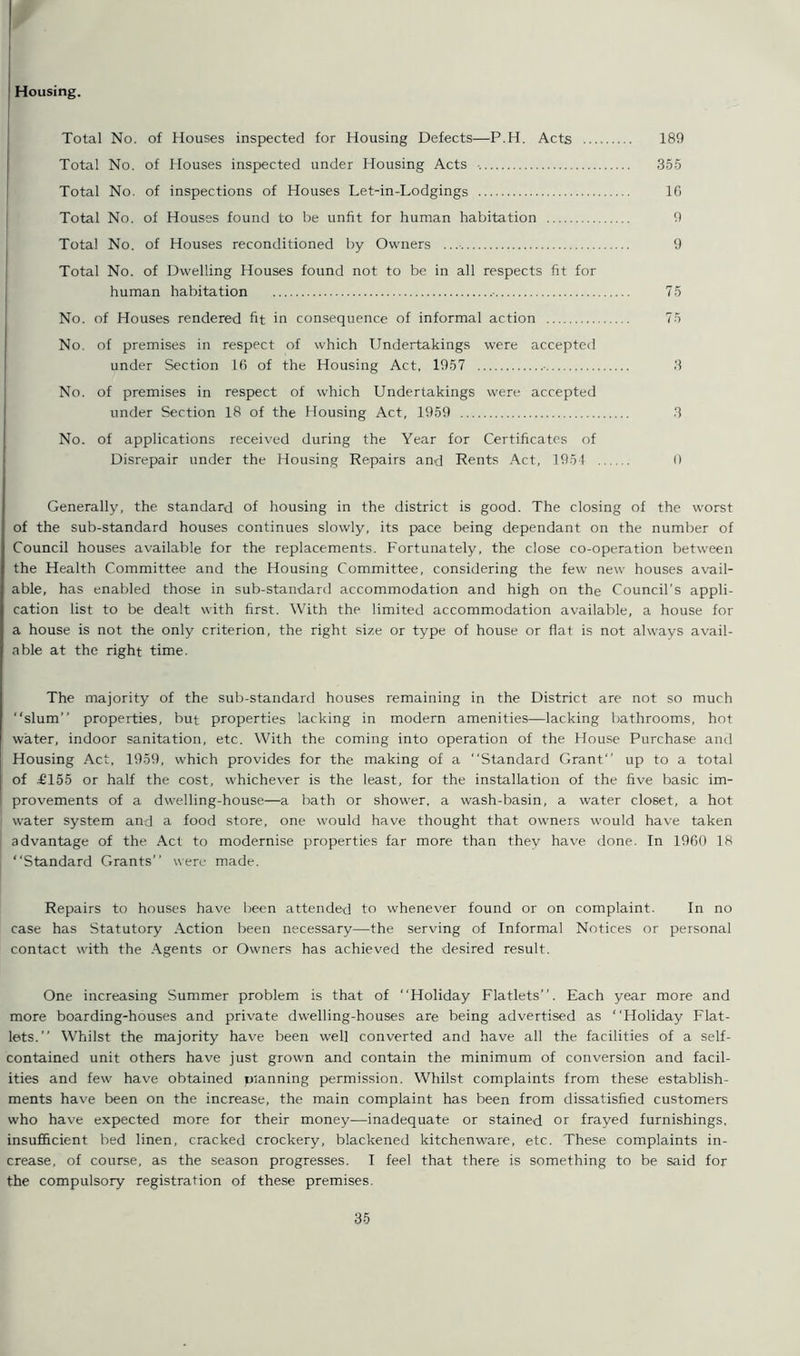 ! Housing. Total No. of Houses inspected for Housing Defects—P.H. Acts 180 Total No. of Houses inspected under Housing Acts •. 355 Total No. of inspections of Houses Let-in-Lodgings 16 Total No. of Houses found to be unfit for human habitation 0 Total No. of Houses reconditioned by Owners 9 Total No. of Dwelling Houses found not to be in all respects fit for human habitation - 75 No. of Houses rendered fit in consequence of informal action 75 No. of premises in respect of which Undertakings were accepted under Section 16 of the Housing Act, 1957 3 No. of premises in respect of which Undertakings were accepted under Section 18 of the Housing Act, 1959 3 No. of applications received during the Year for Certificates of Disrepair under the Housing Repairs and Rents Act, 1954 0 Generally, the standard of housing in the district is good. The closing of the worst of the sub-standard houses continues slowly, its pace being dependant on the number of Council houses available for the replacements. Fortunately, the close co-operation between the Health Committee and the Housing Committee, considering the few new houses avail- able, has enabled those in sub-standard accommodation and high on the Council's appli- cation list to be dealt with first. With the limited accommodation available, a house for a house is not the only criterion, the right size or type of house or flat is not always avail- able at the right time. The majority of the sub-standard houses remaining in the District are not so much slum” properties, but properties lacking in modern amenities—lacking bathrooms, hot water, indoor sanitation, etc. With the coming into operation of the House Purchase and Housing Act, 1959, which provides for the making of a Standard Grant up to a total of £155 or half the cost, whichever is the least, for the installation of the five basic im- provements of a dwelling-house—a bath or shower, a wash-basin, a water closet, a hot water system and a food store, one would have thought that owners would have taken advantage of the Act to modernise properties far more than they have done. In 1960 18 Standard Grants” were made. Repairs to houses have been attended to whenever found or on complaint. In no case has Statutory Action been necessary—the serving of Informal Notices or personal contact with the Agents or Owners has achieved the desired result. One increasing Summer problem is that of Holiday Flatlets”. Each year more and more boarding-houses and private dwelling-houses are being advertised as Holiday Flat- lets. Whilst the majority have been well converted and have all the facilities of a self- contained unit others have just grown and contain the minimum of conversion and facil- ities and few have obtained planning permission. Whilst complaints from these establish- ments have been on the increase, the main complaint has been from dissatisfied customers who have expected more for their money—inadequate or stained or frayed furnishings, insufficient bed linen, cracked crockery, blackened kitchenware, etc. These complaints in- crease, of course, as the season progresses. I feel that there is something to be said for the compulsory registration of these premises.