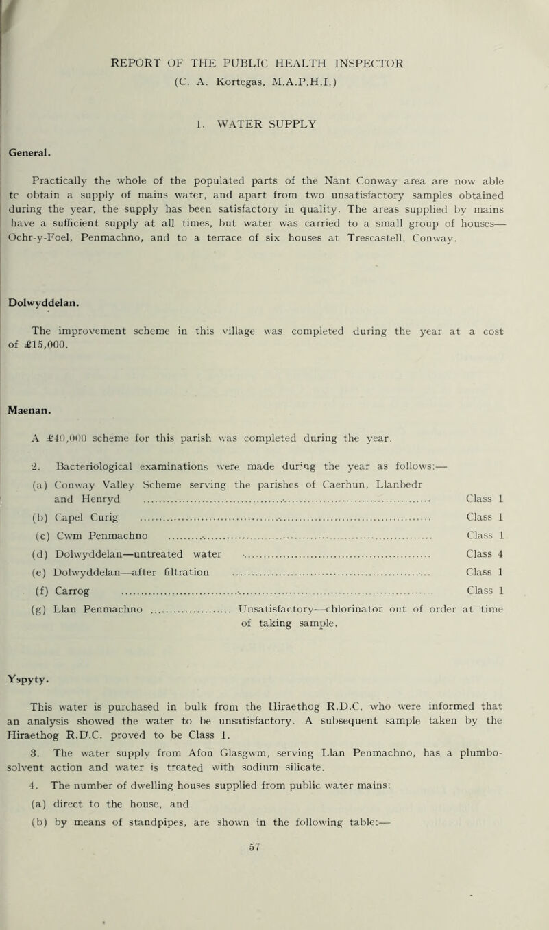 REPORT OF THE PUBLIC HEALTH INSPECTOR (C. A. Kortegas, M.A.P.H.I.) 1. WATER SUPPLY General. Practically the whole of the populated parts of the Nant Conway area are now able tc obtain a supply of mains water, and apart from two unsatisfactory samples obtained during the year, the supply has been satisfactory in quality. The areas supplied by mains have a sufficient supply at all times, but water was carried to a small group of houses— Ochr-y-Foel, Penmachno, and to a terrace of six houses at Trescastell. Conway. Dolwyddelan. The improvement scheme in this village was completed during the year at a cost of £15,000. Maenan. A £40,000 scheme for this parish was completed during the year. 2. Bacteriological examinations were made durug the year as follows:— (a) Conway Valley Scheme serving the parishes of Caerhun, Llanbedr and Henryd ■ Class 1 (b) Capel Curig • Class 1 (c) Cwm Penmachno • Class 1 (d) Dolwyddelan—untreated water • Class 4 (e) Dolwyddelan—after filtration Class 1 (f) Carrog ■ Class 1 (g) Llan Penmachno Unsatisfactory—chlorinator out of order at time of taking sample. Yspyty. This water is purchased in bulk from the Hiraethog R.D.C. who were informed that an analysis showed the water to be unsatisfactory. A subsequent sample taken by the Hiraethog R.D.C. proved to be Class 1. 3. The water supply from Afon Glasgwm, serving Llan Penmachno, has a plumbo- solvent action and water is treated with sodium silicate. 4. The number of dwelling houses supplied from public water mains: (a) direct to the house, and (b) by means of standpipes, are shown in the following table:—