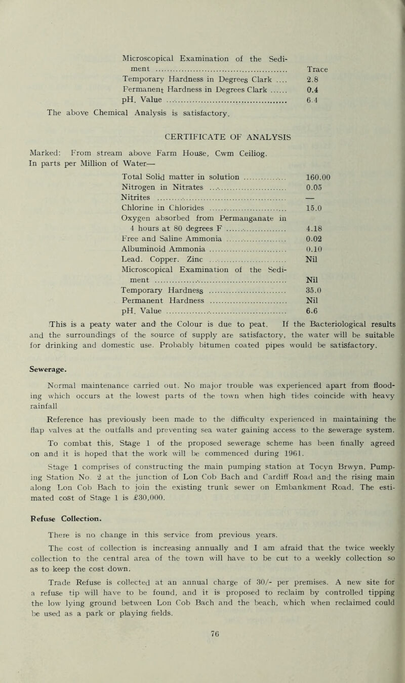 Microscopical Examination of the Sedi- ment Trace Temporary Hardness in Degrees Clark .... 2.8 Permanent Hardness in Degrees Clark 0.4 pH. Value 6.1 The above Chemical Analysis is satisfactory. CERTIFICATE OF ANALYSIS Marked: From stream above Farm House, Cwm Ceiliog. In parts per Million of Water— Total Solid matter in solution 160.00 Nitrogen in Nitrates 0.05 Nitrites — Chlorine in Chlorides 15.0 Oxygen absorbed from Permanganate in 4 hours at 80 degrees F 4.18 Free and Saline Ammonia 0.02 Albuminoid Ammonia 0.10 Lead. Copper. Zinc ...- Nil Microscopical Examination of the Sedi- ment • Nil Temporary Hardness 35.0 Permanent Hardness Nil pH. Value 6.6 This is a peaty water and' the Colour is due to peat. If the Bacteriological results and the surroundings of the source of supply are satisfactory, the water will be suitable for drinking and domestic use. Probably bitumen coated pipes would be satisfactory. Sewerage. Normal maintenance carried out. No major trouble was experienced apart from flood- ing which occurs at the lowest parts of the town when high tides coincide with heavy rainfall Reference has previously been made to the difficulty experienced in maintaining the flap valves at the outfalls and preventing sea water gaining access to the sewerage system. To combat this. Stage 1 of the proposed sewerage scheme has been finally agreed on and it is hoped that the work will be commenced during 1961. Stage 1 comprises of constructing the main pumping station at Tocyn Brwyn. Pump- ing Station No 2 at the junction of Lon Cob Bach and Cardiff Road and the rising main along Lon Cob Bach to join the existing trunk sewer on Embankment Road. The esti- mated cost of Stage 1 is £30,000. Refuse Collection. There is no change in this service from previous years. The cost of collection is increasing annually and I am afraid that the twice weekly collection to the central area of the town will have to be cut to a weekly collection so as to keep the cost down. Trade Refuse is collected at an annual charge of 30/- per premises. A new site for a refuse tip will have to be found, and it is proposed to reclaim by controlled tipping the low lying ground between Lon Cob Bach and the beach, which when reclaimed could be used as a park or playing fields.