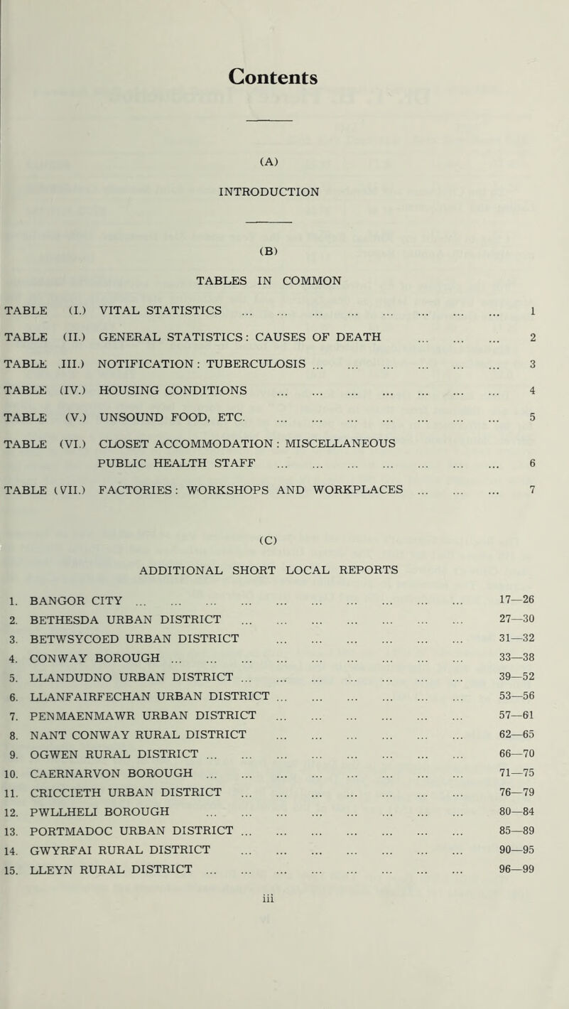 Contents (A) INTRODUCTION (B) TABLES IN COMMON TABLE (I.) VITAL STATISTICS 1 TABLE (II.) GENERAL STATISTICS: CAUSES OF DEATH 2 TABLE .III.) NOTIFICATION: TUBERCULOSIS 3 TABLE (IV.) HOUSING CONDITIONS 4 TABLE (V.) UNSOUND FOOD, ETC. 5 TABLE (VI.) CLOSET ACCOMMODATION : MISCELLANEOUS PUBLIC HEALTH STAFF 6 TABLE (VII.) FACTORIES: WORKSHOPS AND WORKPLACES 7 (C) ADDITIONAL SHORT LOCAL REPORTS 1. BANGOR CITY 17—26 2. BETHESDA URBAN DISTRICT 27—30 3. BETWSYCOED URBAN DISTRICT 31—32 4. CONWAY BOROUGH 33—38 5. LLANDUDNO URBAN DISTRICT 39—52 6. LLANFAIRFECHAN URBAN DISTRICT 53—56 7. PENMAENMAWR URBAN DISTRICT 57—61 8. NANT CONWAY RURAL DISTRICT 62—65 9. OGWEN RURAL DISTRICT 66—70 10. CAERNARVON BOROUGH 71—75 11. CRICCIETH URBAN DISTRICT 76—79 12. PWLLHELI BOROUGH 80—84 13. PORTMADOC URBAN DISTRICT 85—89 14. GWYRFAI RURAL DISTRICT 90—95 15. LLEYN RURAL DISTRICT 96—99