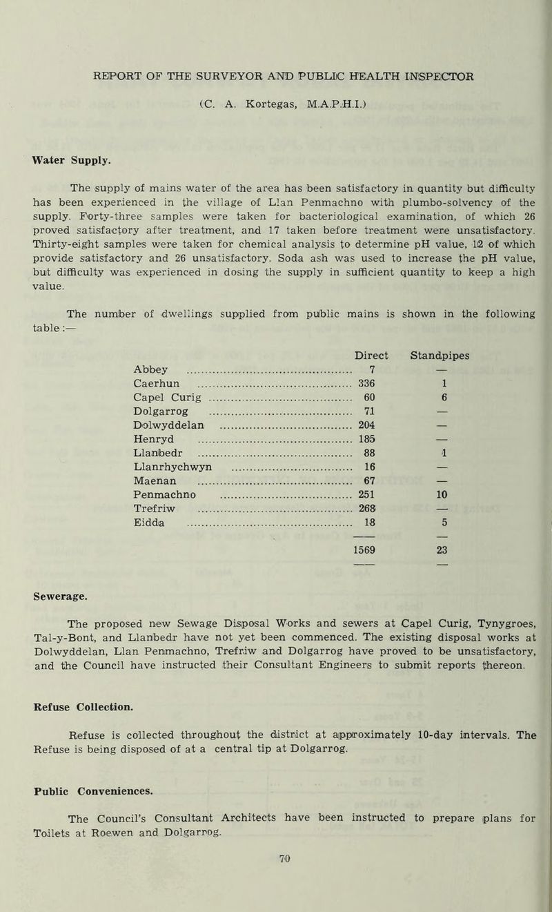 REPORT OF THE SURVEYOR AND PUBLIC HEALTH INSPECTOR (C. A. Kortegas, M.A.P.H.I.) Water Supply. The supply of mains water of the area has been satisfactory in quantity but difficulty has been experienced in the village of Llan Penmachno with plumbo-solvency of the supply. Forty-three samples were taken for bacteriological examination, of which 26 proved satisfactory after treatment, and 17 taken before treatment were unsatisfactory. Thirty-eight samples were taken for chemical analysis to determine pH value, Ii2 of which provide satisfactory and 26 unsatisfactory. Soda ash was used to increase the pH value, but difficulty was experienced in dosing the supply in sufficient quantity to keep a high value. The number of -dwellings supplied from public mains is shown in the following table:— Direct Standpipes Abbey 7 — Caerhun 336 1 Capel Curig 60 6 Dolgarrog 71 — Dolwyddelan 204 — Henryd 185 — Llanbedr 88 1 Llanrhychwyn 16 — Maenan 67 — Penmachno 251 10 Trefriw 268 — Eidda 18 5 1569 23 Sewerage. The proposed new Sewage Disposal Works and sewers at Capel Curig, Tynygroes, Tal-y-Bont, and Llanbedr have not yet been commenced. The existing disposal works at Dolwyddelan, Llan Penmachno, Trefr.iw and Dolgarrog have proved to be unsatisfactory, and the Council have instructed their Consultant Engineers to submit reports thereon. Refuse Collection. Refuse is collected throughout the district at approximately 10-day intervals. The Refuse is being disposed of at a central tip at Dolgarrog. Public Conveniences. The Council’s Consultant Architects have been instructed to prepare plans for Toilets at Roewen and Dolgarrog.