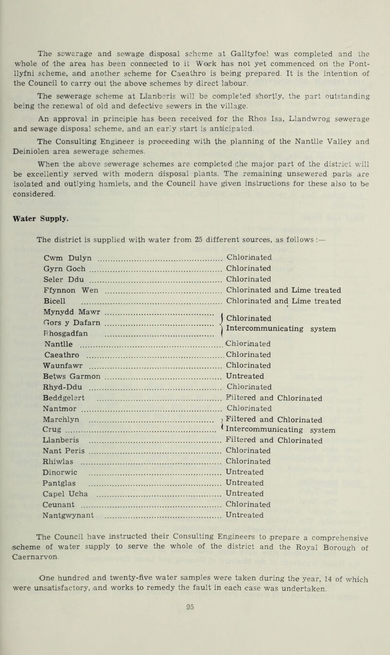 The sewerage and sewage disposal scheme at Galltyfoel was completed and the whole of the area has .been connected to it Work has not yet commenced oh the Pont- llyfni scheme, and another scheme for Caeathro is being prepared. It is the intention of the Council to carry out the above schemes by direct labour. The sewerage scheme at Llanberis will be completed shortly, the part outstanding being the renewal of old and defective sewers in the village. An approval in principle has been received for the Rhos Isa, Llandwrog sewerage and sewage disposal scheme, and an early start is anticipated. The Consulting Engineer is proceeding with the planning of the Namtlle Valley and Deiniolen area sewerage schemes. When the above sewerage schemes are completed <the major part of the district will be excellentiy served with modern disposal plants. The remaining unsewered parts are isolated and outlying hamlets, and the Council have given instructions for these also to be considered. Water Supply. The district is supplied with water from 25 different sources, as follows :— Cwm Dulyn .. Gyrn Goch Seler Ddu Ffynnon Wen Bicell Mynydd Mawr Gors y Dafarn Fhosgadfan Nantlle Caeathro Waunfawr Betws Garmon Rhyd-Ddu Beddgelsrt Nantmor Marchlyn Crug Llanberis Nant Peris Rhiwlas Dinorwic Pantglas Capel Ucha Ceunant Nantgwynant Chlorinated Chlorinated Chlorinated Chlorinated and Lime treated Chlorinated and Lime treated Chlorinated Intercommunicating system Chlorinated ..Chlorinated . Chlorinated . Untreated . Chlorinated . Filtered and Chlorinated . Chlorinated .1 Filtered and Chlorinated * Intercommunicating system . Filtered and Chlorinated . Chlorinated . Chlorinated . Untreated . Untreated . Untreated . Chlorinated . Untreated The Council have instructed their Consulting Engineers to prepare a comprehensive .scheme of water supply to serve the whole of the district and the Royal Borough of Caernarvon One hundred and twenty-five water samples were taken during the year, 14 of which were unsatisfactory, and works to remedy the fault in each case was undertaken.