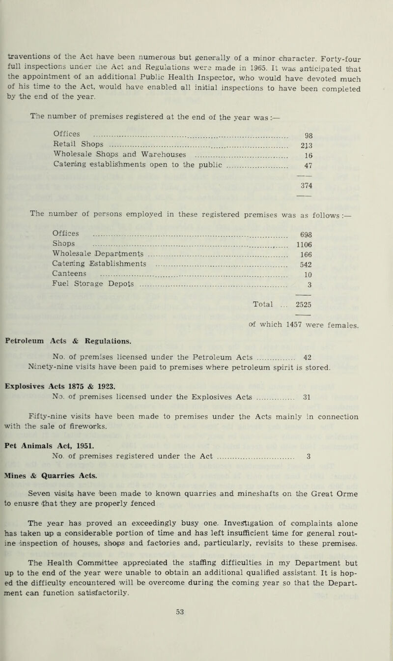 traventions of the Act have been numerous but generally of a minor character. Forty-four full inspections under tire Act and Regulations were made in 1965. It was anticipated that the appointment of an additional Public Health Inspector, who would have devoted much of his time to the Act, would have enabled all initial inspections to have been completed by the end of the year. The number of premises registered at the end of the year was •— Offices gg Retail Shops 213 Wholesale Shops and Warehouses 16 Catering establishments open to the public 47 374 The number of persons employed in these registered premises was as follows Offices 698 Shops 1106 Wholesale Departments 166 Catering Establishments 542 Canteens 10 Fuel Storage Depots 3 Total ... 2525 of which 1457 were females. Petroleum Acts & Regulations. No. of premises licensed under the Petroleum Acts 42 Niinety-nine visits have been paid to premises where petroleum spirit is stored. Explosives Acts 1875 & 1923. No. of premises licensed under the Explosives Acts 31 Fifty-nine visits have been made to premises under the Acts mainly in connection with the sale of fireworks. Pet Animals Act, 1951. No. of premises registered under the Act 3 Mines & Quarries Acts. Seven visits have been made to known quarries and mineshafts on the Great Orme to enusre 'that they are properly fenced The year has proved an exceedingly busy one. Investigation of complaints alone has taken up a considerable portion of time and has left insufficient time for general rout- ine inspection of houses, shops and factories and, particularly, revisits to these premises. The Health Committee appreciated the staffing difficulties in my Department but up to the end of the year were unable to obtain an additional qualified assistant. It is hop- ed the difficulty encountered will be overcome during the coming year so that the Depart- ment can function satisfactorily.