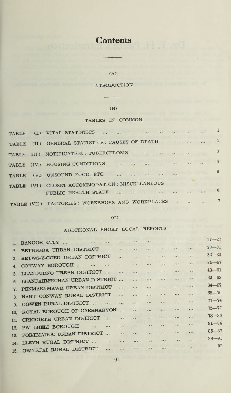 Contents (A) INTRODUCTION (B) TABLES IN COMMON TABLE (I.) VITAL STATISTICS TABLE (II.) GENERAL STATISTICS: CAUSES OF DEATH TABLE III.) NOTIFICATION : TUBERCULOSIS TABLE (IV.) HOUSING CONDITIONS TABLE (V.) UNSOUND FOOD, ETC. TABLE (VI.) CLOSET ACCOMMODATION : MISCELLANEOUS PUBLIC HEALTH STAFF TABLE 1 VII.) FACTORIES: WORKSHOPS AND WORKPLACES (C) additional short local reports 1. BANGOR CITY 2. BETHESDA URBAN DISTRICT ... 3. BETWS-Y-COED URBAN DISTRICT 4. CONWAY BOROUGH 5. LLANDUDNO URBAN DISTRICT ... 6. LLANFAIRFECHAN URBAN DISTRICT 7. PENMAENMAWR URBAN DISTRICT 8. NANT CONWAY RURAL DISTRICT 9. OGWEN RURAL DISTRICT 10. ROYAL BOROUGH OF CAERNARVON 11. CRIOCIETH URBAN DISTRICT ... 12. PWLLHELI BOROUGH 13. PORTMADOC URBAN DISTRICT ... 14. LLEYN RURAL DISTRICT 15. GWYRFAI RURAL DISTRICT 17—27 28—31 32—33 34—47 48—61 62—63 64—67 68—70 71—74 75—77 78—80 81—84 85—87 88—91 92