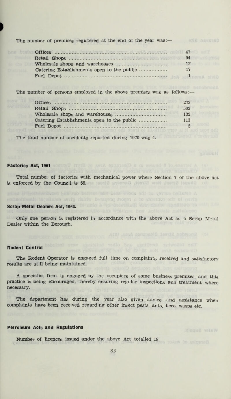 The number of premises registered at the end of the year was:— Offices , 47 Retail Shops 94 Wholesale shops and warehouses 12 Catering Establishments open to the public 17 Fuel Depot 1 The number of persons employed in the above premises was as follows:— Offices , 273 Retail Shops 503 Wholesale shops and warehouses 132 Catering Establishments open to the public , 113 Fuel Depot , 5 The total number of accidents reported during 1970 wag 4. Factories Act, 1961 Total number of factories with mechanical power where Section 7 of the above act is enforced by the Council is 55. Scrap Metal Dealers Act, 1964. Only one person is registered in accordance with the above Act as a Scrap Metal Dealer within the Borough. Rodent Control The Rodent Operator is engaged full time on complaints received and satisfactory results are still being maintained. A specialist firm is engaged by the occupiers of some businesls premises, and this practice is being encouraged, thereby ensuring regular inspections and treatment where necessary. The department has during the year also given advice and assistance when complaints have been received regarding other insect pests, ants, bees, wasps etc. Petroleum Acts and Regulations Number of licences issued under the above Act totalled 18.