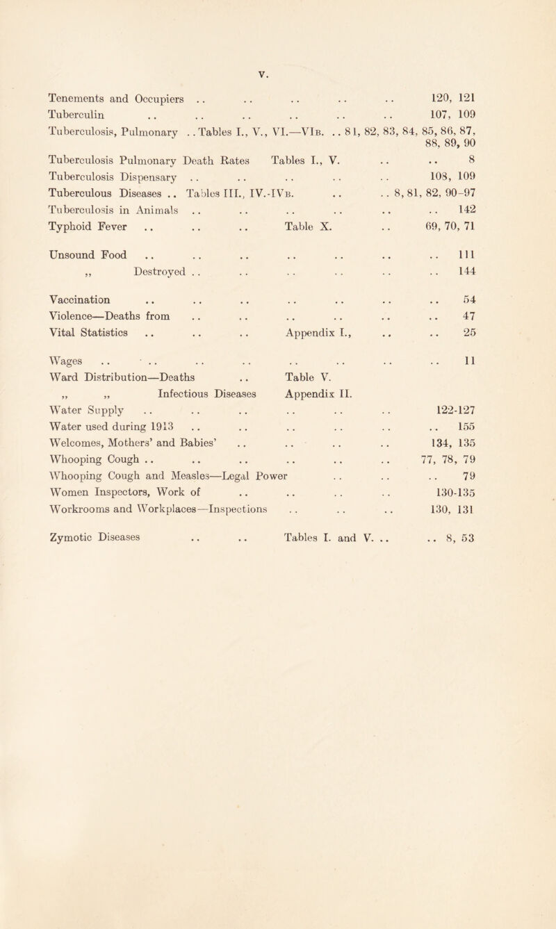 Tenements and Occupiers . . • • • * » • 120, 121 Tuberculin • • • • • • 107, 109 Tuberculosis, Pulmonary . .Tables I., V., VI.—VIb. ..81, 82, 83, 84, 85, 86, 87, 88, 89, 90 Tuberculosis Pulmonary Death Dates Tables L, V. 8 Tuberculosis Dispensary 108, 109 Tuberculous Diseases .. Tables III., IV.- IVb. .. ..8,81,82,90-97 Tuberculosis in Animals • • « • • * 142 Typhoid Fever Table X. 69, 70, 71 Unsound Food 111 ,, Destroyed .. . . 144 Vaccination • • • • • • 54 Violence—Deaths from • * • • • « 47 Vital Statistics Appendix 1., 25 Wages .. • .. • • • • • ♦ 11 Ward Distribution—Deaths Table V. „ „ Infectious Diseases Appendix II. Water Supply 122-127 Water used during 1913 • • .. 155 Welcomes, Mothers’ and Babies’ • • • • • • 134, 135 Whooping Cough .. . . 77, 78, 79 Whooping Cough and Measles—Legal Power 79 Women Inspectors, Work of . . 130-135 Workrooms and Workplaces—Inspections . . 130, 131 Zymotic Diseases Tables I. and V. .. .. 8, 53