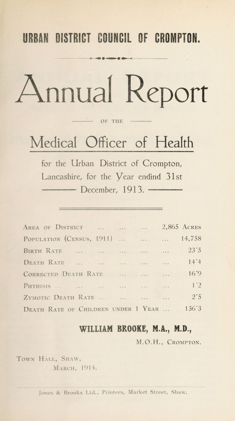 URBAN DISTRICT COUNCIL OF CROMPTON. Annual Report :— OF THE Medical Officer of Health for the Urban District of Crompton, Lancashire, for the year endind 31st —December, 1913. —— Area of District ... ... ... 2,865 Acres Population (Census, 1911) ... ... ... 14,758 Birth Rate ... ... ... ... ... 23'5 Death Rate ... ... ... ... ... 14’4 Corrected Death Rate ... ... ... 16*9 Phthisis . ... ... ... ... ... 1 *2 Zymotic Death Rate ... ... ... ... 2'5 Death Rate of Children under 1 Year ... 136'3 WILLIAM BROOKE, M.A., M.D., M.O.H., Crompton. Town Hall, Shaw, March, 1914. Jones & Brooks Ltd., Printers, Market Street, Shaw.