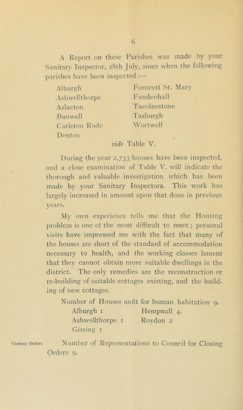 A Report on these Parishes was made by your Sanitary Inspector, 28th July, since when the following parishes have been inspected ;— A1 burgh Ashwellthorpc Aslacton H unwell Carleton Rode Denton Forncett St. Mary Fundenhall Tacolnestone Tasburgh Wortwell vide Table V. During the year 2,733 houses have been inspected, and a close examination of Table V. will indicate the thorough and valuable investigation which has been made by your Sanitary Inspectors, This work has largely increased in amount upon that done in previous years. My own experience fells me that the Housing problem is one ot the most difficult to meet ; personal visits have impressed me with the fact that many of the houses are short of the standard of accommodation necessary to health, and the working classes lament that they cannot obtain more suitable dwellings in the district. The only remedies are the reconstruction or re-building of suitable cottages existing, and the build- ing of new cottages. Number of Houses unfit for human habitation g. Alburgh I Hempnall 4. Ashwellthorpe i Roydon 2 Gissing i Closing Orders Number of Representations to Council for Closing Orders 9.