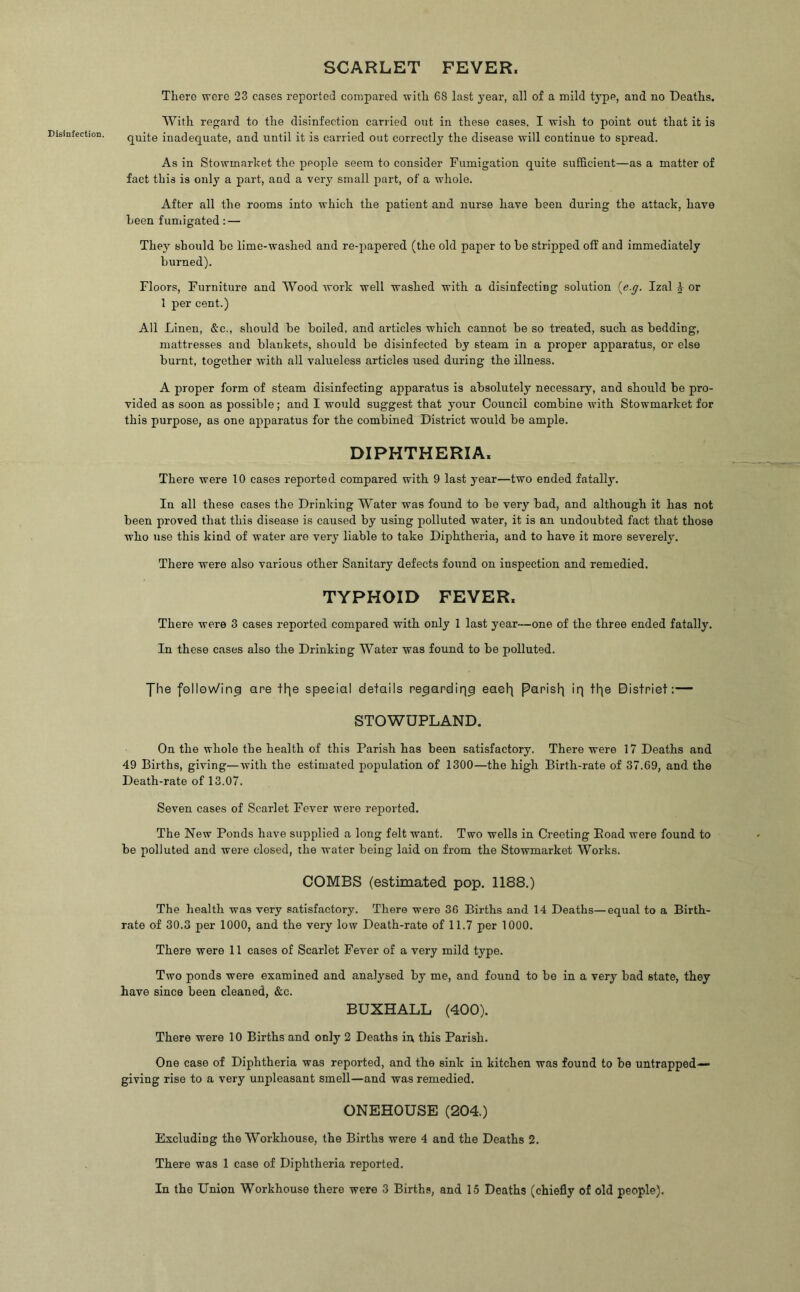 SCARLET FEVER. Disinfection. There were 23 cases reported compared with 68 last year, all of a mild type, and no Deaths. With regard to the disinfection carried out in these cases, I wish to point out that it is quite inadequate, and until it is carried out correctly the disease will continue to spread. As in Stowmarket the people seem to consider Fumigation quite sufficient—as a matter of fact this is only a part, and a very small part, of a whole. After all the rooms into which the patient and nurse have been during the attack, have been fumigated: — They should be lime-washed and re-papered (the old paper to be stripped off and immediately burned). Floors, Furniture and Wood work well washed with a disinfecting solution (e.g. Izal £ or 1 per cent.) All Linen, &c., should be boiled, and articles which cannot be so treated, such as bedding, mattresses and blankets, should be disinfected by steam in a proper apparatus, or else burnt, together with all valueless articles used during the illness. A proper form of steam disinfecting apparatus is absolutely necessary, and should be pro- vided as soon as possible; and I would suggest that your Council combine with Stowmarket for this purpose, as one apparatus for the combined District would be ample. DIPHTHERIA. There were 10 cases reported compared with 9 last year—two ended fatally. In all these cases the Drinking Water was found to be very bad, and although it has not been proved that this disease is caused by using polluted water, it is an undoubted fact that those who use this kind of water are very liable to take Diphtheria, and to have it more severely. There were also various other Sanitary defects found on inspection and remedied. TYPHOID FEVER. There were 3 cases reported compared with only 1 last year—one of the three ended fatally. In these cases also the Drinking Water was found to be polluted. The felleWinf are tFqe speeial details repardiqp eael) parish iq tlqe Bistriet:— STOWUPLAND. On the whole the health of this Parish has been satisfactory. There were 17 Deaths and 49 Births, giving—Avith the estimated population of 1300—the high Birth-rate of 37.69, and the Death-rate of 13.07. Seven cases of Scarlet Fever were reported. The New Ponds have supplied a long felt want. Two wells in Creeting Eoad were found to be polluted and were closed, the water being laid on from the Stowmarket Works. COMBS (estimated pop. 1188.) The health was very satisfactory. There were 36 Births and 14 Deaths—equal to a Birth- rate of 30.3 per 1000, and the very low Death-rate of 11.7 per 1000. There were 11 cases of Scarlet Fever of a very mild type. Two ponds were examined and analysed by me, and found to be in a very bad state, they have since been cleaned, &c. BUXHALL (400). There were 10 Births and only 2 Deaths in this Parish. One case of Diphtheria was reported, and the sink in kitchen was found to be untrapped— giving rise to a very unpleasant smell—and was remedied. ONEHOUSE (204.) Excluding the Workhouse, the Births were 4 and the Deaths 2. There was 1 case of Diphtheria reported. In the Union Workhouse there were 3 Births, and 15 Deaths (chiefly of old people).