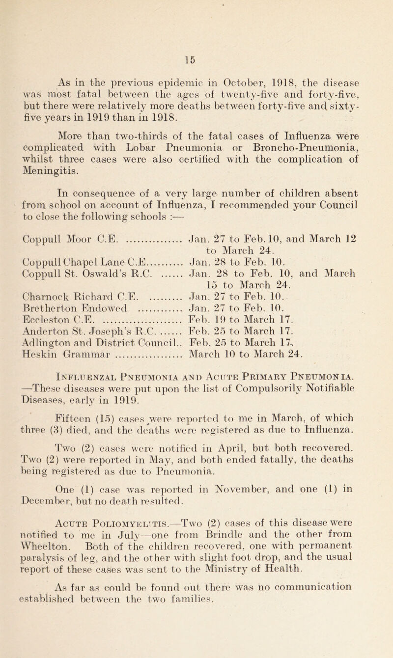 x4s in the previous epidemic in October, 1918, the disease was most fatal between the ages of twenty-five and forty-five, but there were relatively more deaths between forty-five and sixty- five years in 1919 than in 1918. More than two-thirds of the fatal cases of Influenza were complicated with Lobar Pneumonia or Broncho-Pneumonia, whilst three cases were also certified with the complication of Meningitis. In consequence of a very large number of children absent from school on account of Influenza, I recommended your Council to close the following schools ;— Coppull Moor C.E Jan. 27 to Feb. 10, and March 12 to March 24. Coppull Chapel Lane C.E Jan. 28 to Feb. 10. Coppull St. Oswald’s R.C Jan. 28 to Feb. 10, and March 15 to March 24. Charnock Richard C.E Jan. 27 to Feb. 10. Bretherton Endowed Jan. 27 to Feb. 10. Eccleston C.E Feb. 19 to March 17. Anderton St. Joseph’s R.C Feb. 25 to March 17. Adlington and District Council.. Feb. 25 to March 17-. Heskin Grammar March 10 to March 24. Influenzal Pneumonia and Acute Peimary Pneumonia. —These diseases were put upon the list of Compulsorily Notifiable Diseases, early in 1919. Fifteen (15) cases ^weiu reported to me in March, of which three (3) died, and the deaths were registered as due to Influenza. Two (2) cases were notified in April, but both recovered. Two (2) were reported in May, and both ended fatally, the deaths being registered as due to Pneumonia. One (1) case was reported in November, and one (1) in December, but no death resulted. Acute Poliomyelitis.—Two (2) cases of this disease were notified to me in July—one from Brindle and the other from Wheelton. Both of the children recovered, one with permanent paralysis of leg, and the other with slight foot drop, and the usual report of these cases was sent to the Ministry of Health. As far as could be found out there was no communication established between the two families.