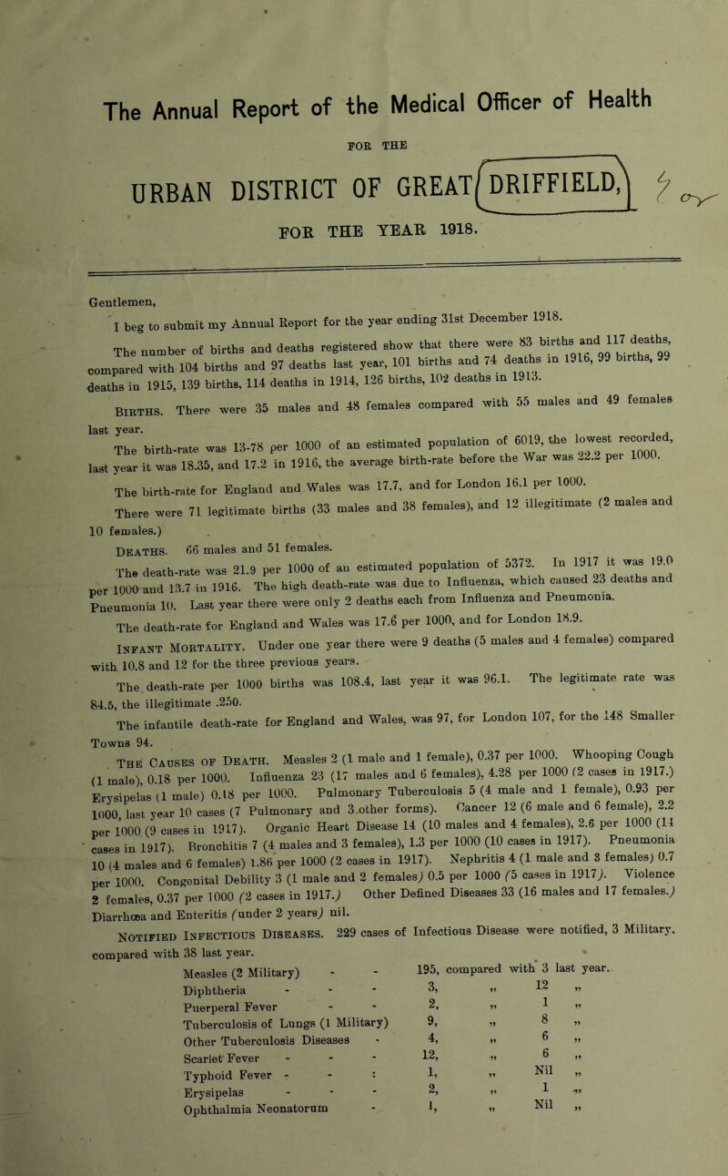 The Annual Report of the Medical Officer of Health FOR THE URBAN DISTRICT OF GREAT^DRIFFIELp)| ^ FOB. THE YEAB 1918. Gentlemen, I beg to submit my Annual Report for the year ending 31st December 19 L8. The number of births and deaths registered show that there were 83 births. and‘ U7 deaths compared with 104 births and 97 deaths last year, 101 births and 74 deaths m 1916, births, deaths in 1915, 139 births, 114 deaths in 1914, 126 births, 102 deaths in 19 . BIRTHS. There were 35 males and 48 females compared with 55 males and 49 females laSt ThTbirth-rate was 13-78 per 1000 of an estimated population of 6019, the lowest recorded, last year it was 18.35, and 17.2 in 1916, the average birth-rate before the War was .2.2 per The birth-rate for England and Wales was 17.7, and for London 16.1 per lODO. There were 71 legitimate births (33 males and 38 females), and 12 illegitimate (2 males and 10 females.) Deaths. 66 males and 51 females. The death-rate was 21.9 per 1000 of an estimated population of 5372. In 1917 it was 19.0 Der 1000 and 13.7 in 1916. The high death-rate was due to Influenza, which caused 23 deaths and Pneumonia 10. Last year there were only 2 deaths each from Influenza and Pneumonia. The death-rate for England and Wales was 17.6 per 1000, and for London 18.9. Infant Mortality. Under one year there were 9 deaths (5 males and 4 females) compared with 10.8 and 12 for the three previous years. The death-rate per 1000 births was 108.4, last year it was 96.1. The legitimate rate was 84.5, the illegitimate .250. The infantile death-rate for England and Wales, was 97, for London 107, for the 148 Smaller Towns 94. The Causes of Death. Measles 2 (1 male and 1 female), 0.37 per 1000. Whooping Cough (1 male), 0.18 per 1000. Influenza 23 (17 males and 6 females), 4.28 per 1000 (2 cases in 1917.) Erysipelas (1 male) 0.18 per 1000. Pulmonary Tuberculosis 5 (4 male and 1 female), 0.93 per 1000 last year 10 cases (7 Pulmonary and 3 other forms). Cancer 12 (6 male and 6 female), 2.2 per 1000 (9 cases in 1917). Organic Heart Disease 14 (10 males and 4 females), 2.6 per 1000 (14 cases in 1917). Bronchitis 7 (4 males and 3 females), 1.3 per 1000 (10 cases in 1917). Pneumonia 10 (4 males and 6 females) 1.86 per 1000 (2 cases in 1917). Nephritis 4 (1 male and 3 females) 0.7 per 1000. Congenital Debility 3 (1 male and 2 females; 0.5 per 1000 (5 cases in 1917;. Violence 2 females, 0.37 per 1000 (2 cases in 1917.; Other Defined Diseases 33 (16 males and 17 females.; Diarrhoea and Enteritis (under 2 years; nil. Notified Infectious Diseases. 229 cases of Infectious Disease were notified, 3 Military, compared with 38 last year. Measles (2 Military) Diphtheria - Puerperal Fever Tuberculosis of Lungs (1 Military) Other Tuberculosis Diseases Scarlet Fever - Typhoid Fever - - : Erysipelas - Ophthalmia Neonatorum 195, compared with 3 last year. 3, 2, 9, 4, 12, 1, 2, «, 9* 9* 99 *9 12 1 8 6 6 Nil 1 Nil 6^