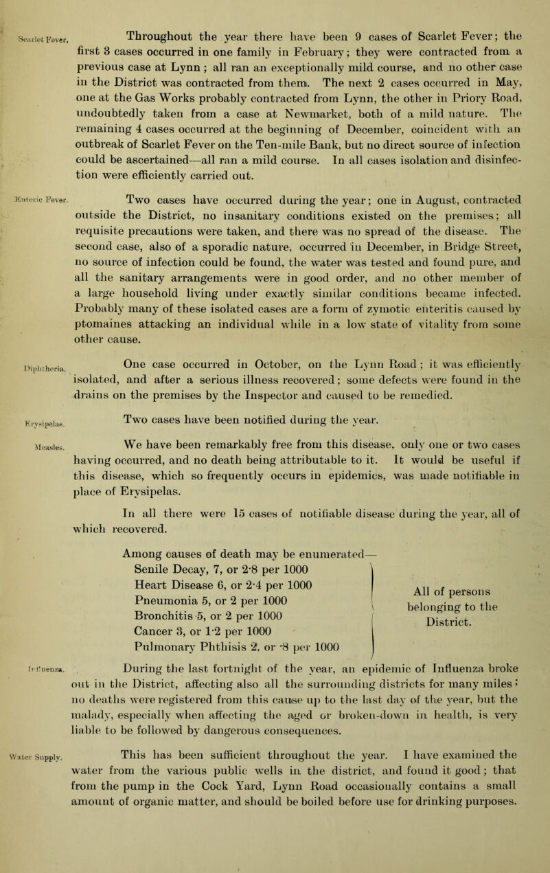 Scarlet Fever, Kiiteric Fever. Diphtheria. Frvsipelas. Measles. h'tlnenza. Water Supply. Throughout the year there have been 9 cases of Scarlet Fever; the first 3 cases occurred in one family in February; they were contracted from a previous case at Lynn ; all ran an exceptionally mild course, and no other case in the District was contracted from them. The next 2 cases occurred in May, one at the Gas Works probably contracted from Lynn, the other in Priory Road, undoubtedly taken from a case at Newmarket, both of a mild nature. The remaining 4 cases occurred at the beginning of December, coincident with an outbreak of Scarlet Fever on the Ten-mile Bank, but no direct source of infection could be ascertained—all ran a mild course. In all cases isolation and disinfec- tion were efficiently carried out. Two cases have occurred during the year; one in August, contracted outside the District, no insanitary conditions existed on the premises; all requisite precautions were taken, and there was no spread of the disease. The second case, also of a sporadic nature, occurred in December, in Bridge Street, no source of infection could be found, the water was tested and found pure, and all the sanitary arrangements were in good order, and no other member of a large household living under exactly similar conditions became infected. Probabl}’ many of these isolated cases are a form of zymotic enteritis caused b}' ptomaines attacking an individual while in a low state of vitality from some other cause. One case occurred in October, on the Lynn Road ; it was efficiently isolated, and after a serious illness recovered; some defects were found in the drains on the premises by the Inspector and caused to be remedied. Two cases have been notified during the year. We have been remarkably free from this disease, only one or two cases having occurred, and no death being attributable to it. It would, be useful if this disease, which so frequently occurs in epidemics, was made notifiable in place of Erysipelas. In all there were 15 cases of notifiable disease during the year, all of which recovered. Among causes of death may be enumerated— Senile Decay, 7, or 2-8 per 1000 Heart Disease 6, or 2-4 per 1000 Pneumonia 5, or 2 per 1000 Bronchitis 5, or 2 per 1000 Cancer 3, or 1-2 per 1000 Pulmonarv Phthisis 2, or -8 per 1000 During the last fortnight of the year, an epidemic of Influenza broke out in the District, affecting also all the surrounding districts for many miles i no deatlis were registered from this cause up to the last day of the year, but the malady, especially when affecting the aged or broken-down in health, is very liable to be followed by dangerous consequences. This has been sufficient throughout the year. I have examined the water from the various public wells in the district, and found it good; that from the pump in the Cock Yard, Lynn Road occasionally contains a small amount of organic matter, and should be boiled before use for drinking purposes. All of persons belonging to the District.