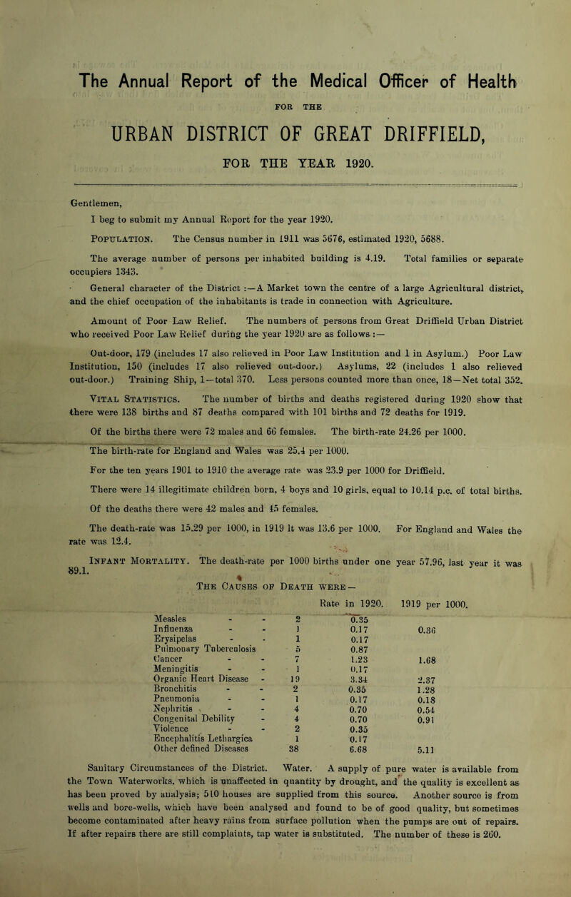 The Annual Report of the Medical Officer of Health FOR THE URBAN DISTRICT OF GREAT DRIFFIELD, FOR THE TEAR 1920. Gentlemen, I beg to submit my Annual Report for the year 1920. Population. The Census number in 1911 was 5676, estimated 1920, 5688. The average number of persons per inhabited building is 4.19. Total families or separate occupiers 1343. General character of the District A Market town the centre of a large Agricultural district,, -and the chief occupation of the inhabitants is trade in connection with Agriculture. Amount of Poor Law Relief. The numbers of persons from Great Driffield Urban District who received Poor Law Relief during the year 1920 are as follows : — Out-door, 179 (includes 17 also relieved in Poor Law Institution and 1 in Asylum.) Poor Law Institution, 150 (includes 17 also relieved out-door.) Asylums, 22 (includes 1 also relieved out-door.) Training Ship, 1 —total 370. Less persons counted more than once, 18 —Net total 352. VITAL Statistics. The number of births and deaths registered during 1920 show that there were 138 births and 87 deaths compared with 101 births and 72 deaths for 1919. Of the births there were 72 males and 66 females. The birth-rate 24.26 per 1000. The birth-rate for England and Wales was 25.4 per 1000. For the ten years 1901 to 1910 the average rate was 23.9 per 1000 for Driffield. There were 14 illegitimate children born, 4 boys and 10 girls, equal to 10.14 p.c. of total births. Of the deaths there were 42 males and 45 females. The death-rate was 15.29 per 1000, in 1919 It was 13.6 per 1000. For England and Wales the rate was 12.4. INFANT Mortality. The death-rate per 1000 births under one year 57.96, last year it was 89.1. * The Causes of Death were — Rate in 1920. 1919 per 1000. Measles 2 0.35 Influenza ] 0.17 0.36 Erysipelas 1 0.17 Pulmonary Tuberculosis Cancer 5 0.87 rr t 1.23 1.68 Meningitis 1 0.17 Organic Heart Disease 19 3.34 2.37 Bronchitis 2 0.35 1.28 Pneumonia 1 0.17 0.18 Nephritis 4 0.70 0.54 Congenital Debility 4 0.70 0.91 Violence 2 0.35 Encephalitis Lethargica 1 0.17 Other defined Diseases 38 6.68 5.11 Sanitary Circumstances of the District. Water. A supply of pure water is available from the Town Waterworks, which is unaffected in quantity by drought, and the quality is excellent as has been proved by analysis; 510 houses are supplied from this source. Another source is from wells and bore-wells, which have been analysed and found to be of good quality, but sometimes become contaminated after heavy rains from surface pollution when the pumps are out of repairs. If after repairs there are still complaints, tap water is substituted. The number of these is 260.