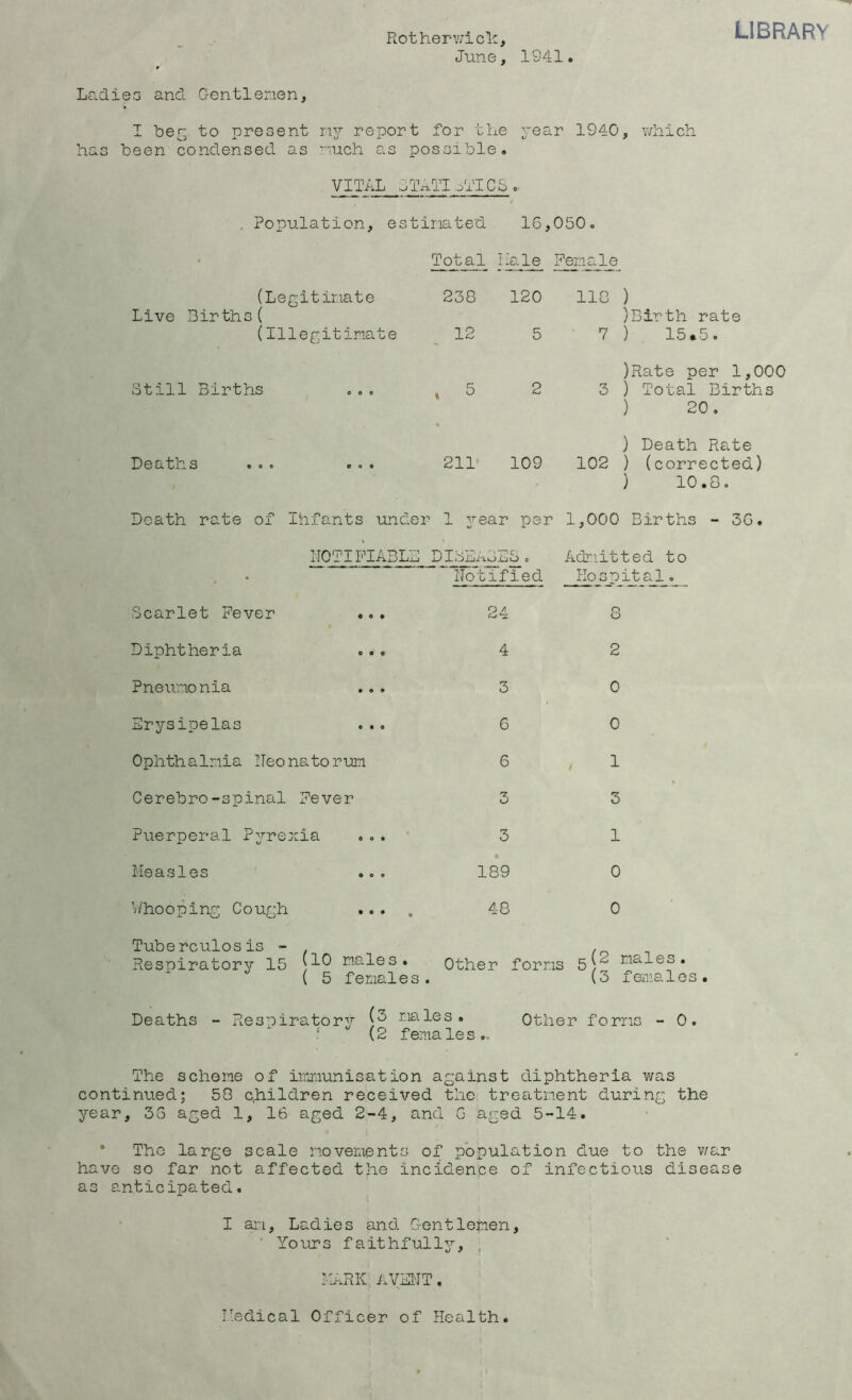 LIBRARY Rotherwick, June, 1S41. Ladies and Gentlemen, I beg to present ray report for the year 1940, which has been condensed as much as possible. VITAL STATISTICS.. . Population, estimated 16, 050. • Total Hale Female (Legitimate Live Births( (Illegitimate 238 120 12 5 118 ) )Birth rate 7 ) 15.5. Still Births t 5 2 )Rate per 1,000 3 ) Total Births ) 20. Deaths ... ... 211 109 ) Death Rate 102 ) (corrected) ) 10.0. Death rate of Ihfants under ■ 1 year per 1 1,000 Births - 36. NOTIFIABLE DiTOTT1 1 ' t C' ±J J-Olji-toijO . Admitted to . Notified Hospital. Scarlet Fever ... 24 n o Diphtheria 4 2 Pneumonia 3 0 Erysipelas ... 6 0 Ophthalmia Neonatorum 6 / 1 Cerebro-spinal Fever 3 3 Puerperal Pyrexia 3 1 Measles 189 0 Whooping Cough ... 48 0 Tuberculosis - Respiratory 15 ) 1® stales. ( 5 females. Other forms 5^ nales* , (3 females. Deaths - Respiratory Eiales * Other forms - 0. : (2 females.. The scheme of immunisation against diphtheria was continued; 58 children received the treatment during the year, 36 aged 1, 16 aged 2-4, and 6 aged 5-14. The large scale movements of population due to the war have so far not affected the Incidence of infectious disease as anticipated. I an. Ladies and Gentlemen, ' Yours faithfully, MARK AVENT. Medical Officer of Health