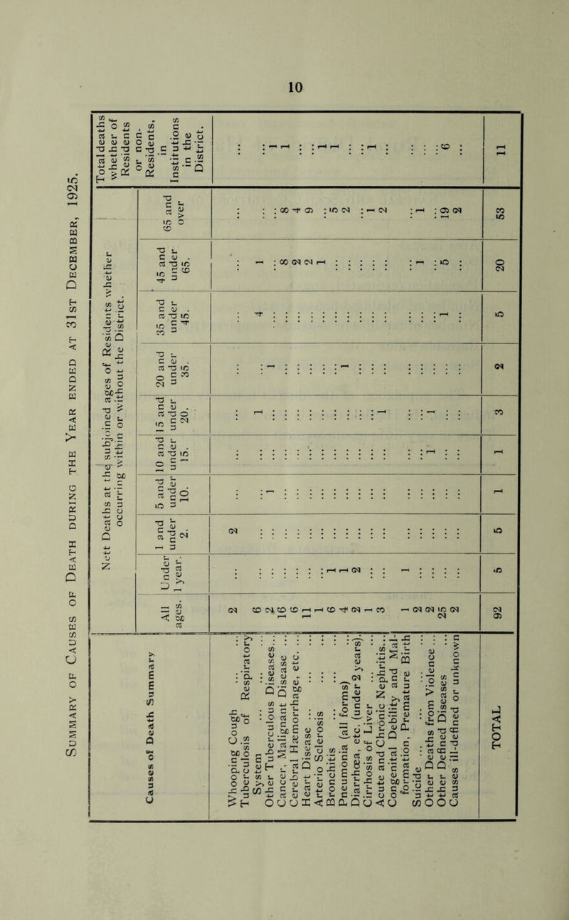 Summary of Causes of Death during the Year ended at 31st December, 1925.
