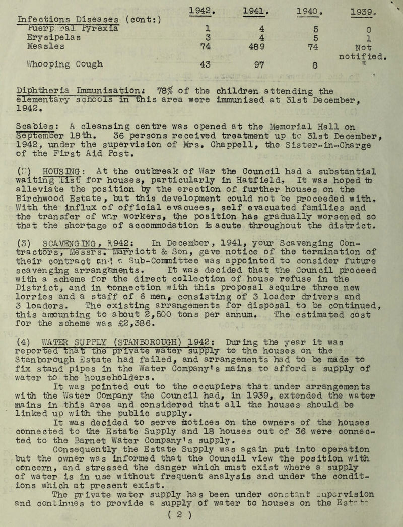 Infections Diseases (cont:) 1942. 1941. 1940. 1959. Ruerp. cal i^yrexia 1 4 5 0 Erysipelas 3 4 5 1 Measles 74 489 74 Not notified Whooping Cough 43 97 8 H Diphtheria Immunisation; 78$ of the children attending the elementary schools in this area were immunised at 31st December, 1942. Scabies; A cleansing centre was opened at the Memorial Hall on September 18th. 36 persons received treatment up tc 31st December, 1942, under the supervision of Mrs. Chappell, the Sister-in-Charge of the First Aid Post. O') HOUSING: At the outbreak of War the Council had a substantial waiting lisij for houses, particularly in Hatfield, It was hoped to alleviate the position by the erection of further houses on the Birchwood Estate, but this development could not be proceeded with. With the influx of official evacuees, self evacuated families and the transfer of wr.r workers, the position has gradually worsened so that the shortage of accommodation is acute throughout the district. (3) SCAVENGING, !i942: In December, 1941, your Scavenging Con- tractors, Messrs• “”Marrio11 & Son, gave notice of the termination of their contract end a Sub-Committee was appointed to consider future scavenging arrangements. It was decided that the Council proceed with a scheme for the direct collection of house refuse in the District, and in connection with this proposal acquire three new lorries and a staff of 6 men, consisting of 3 loader drivers and 3 loaders. The existing arrangements for disposal to be continued, this amounting to about 2,500 tons per annum. The estimated cost for the scheme was £2,386. (4) WATER SUPPLY (STANBOROUGH) 1942: During the year it was reported-thaY the private water supply to the houses on the Stanborough Estate had failed, and arrangements had to be made to fix stand pipes in the Water Company's mains to afford a supply of water to the householders. It was pointed out to the occupiers that under arrangements with the Water Company the Council had, in 1939, extended the water mains in this area and considered that all the houses should be linked up with the public supply. It was decided to serve Notices on the owners of the houses connected to the Estate Supply and 18 houses out of 36 were connec- ted to the Barnet Water Company’s supply. Consequently the Estate Supply was again put into operation but the owner was informed that the Council view the position with concern, and stressed the danger which must exist where a supply of water is in use without frequent analysis and under the condit- ions which at present exist. The private water supply has been under constant supervision and continues to provide a supply of water to houses on the Esf~